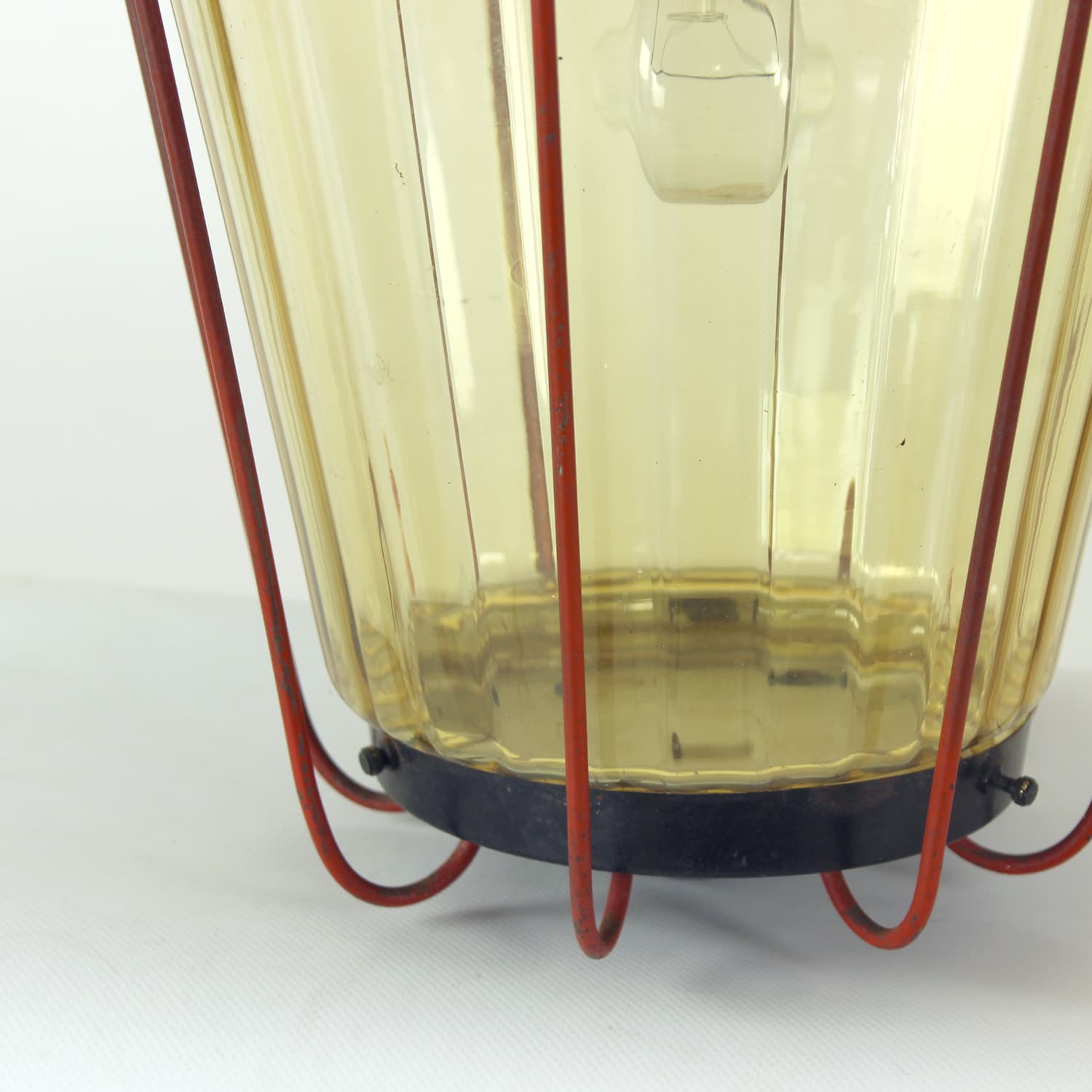 Railway pendant lamp, black steel, red glass, Czechoslovakia, 1940s. - 350905