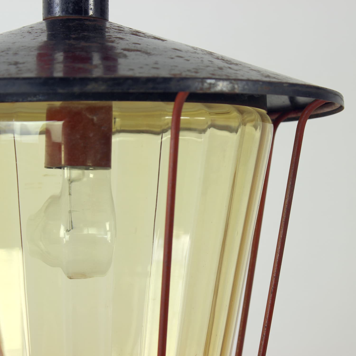 Railway pendant lamp, black steel, red glass, Czechoslovakia, 1940s. - 350898