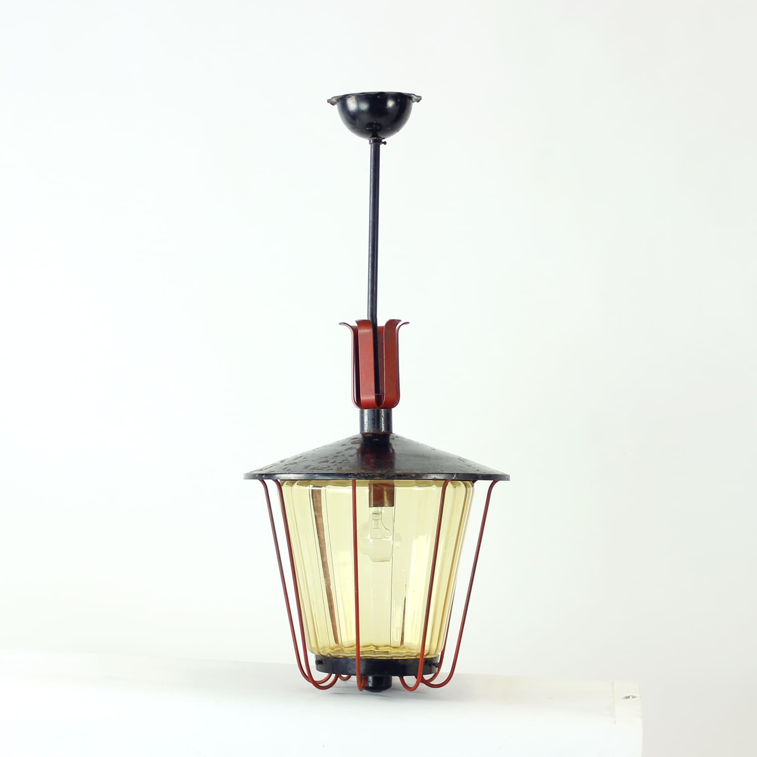 Railway pendant lamp, black steel, red glass, Czechoslovakia, 1940s. - 350896