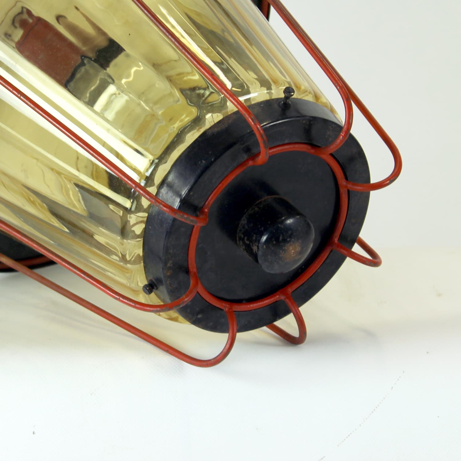 Railway pendant lamp, black steel, red glass, Czechoslovakia, 1940s. - 350903