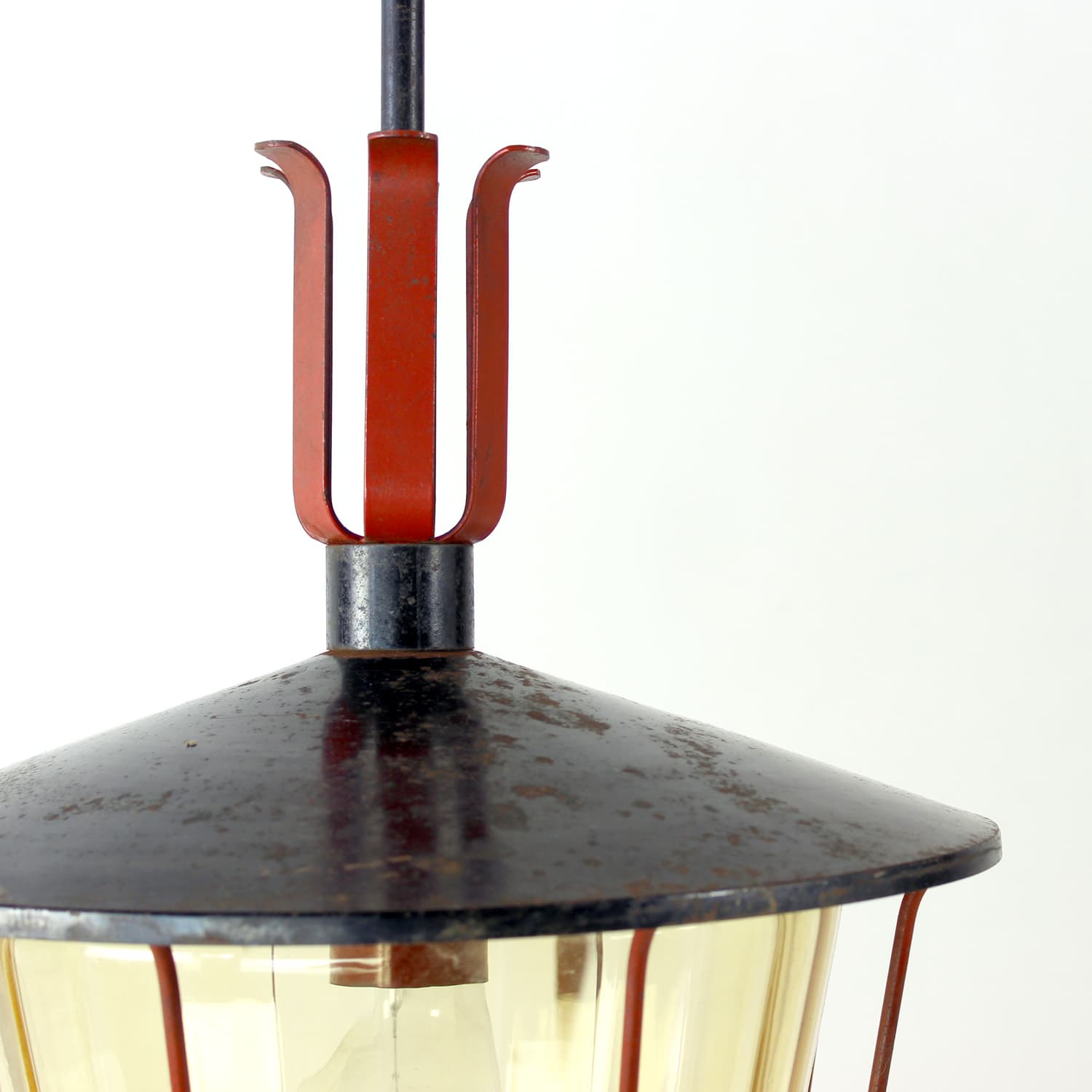 Railway pendant lamp, black steel, red glass, Czechoslovakia, 1940s. - 350900