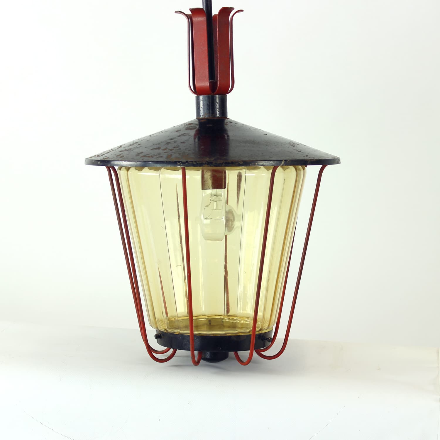 Railway pendant lamp, black steel, red glass, Czechoslovakia, 1940s. - 350904