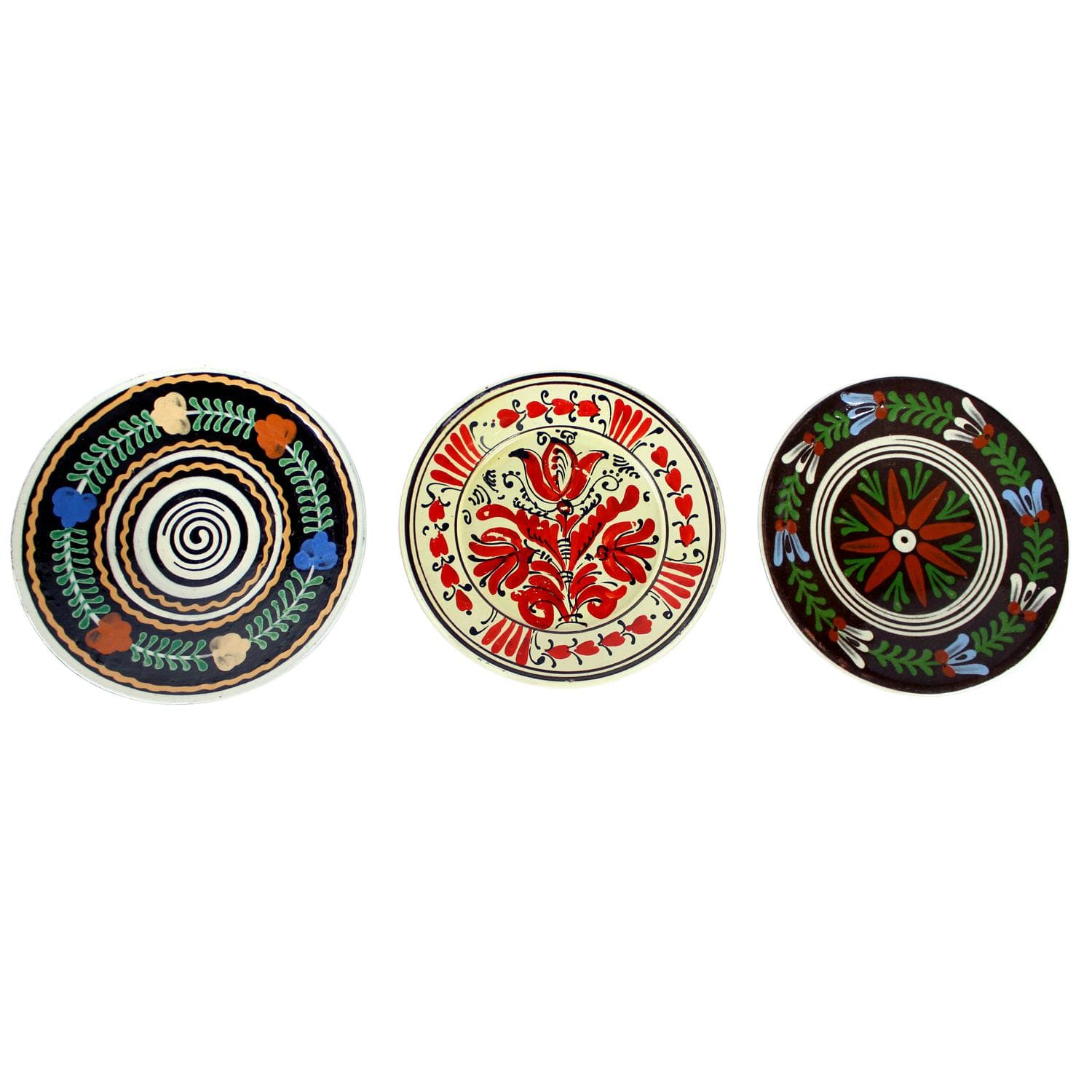 Zestaw trzech talerzy ściennych, folk art, ceramika, Słowacja i Rumunia, lata 50.