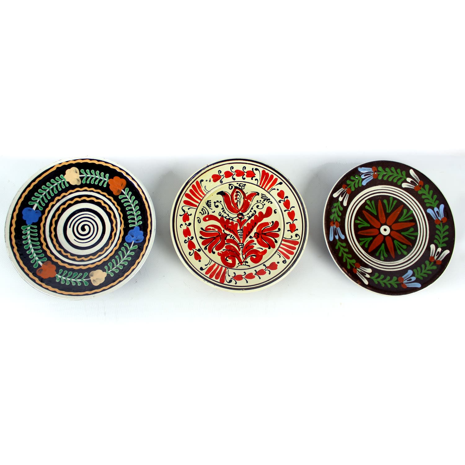 Zestaw trzech talerzy ściennych, folk art, ceramika, Słowacja i Rumunia, lata 50. - 350924