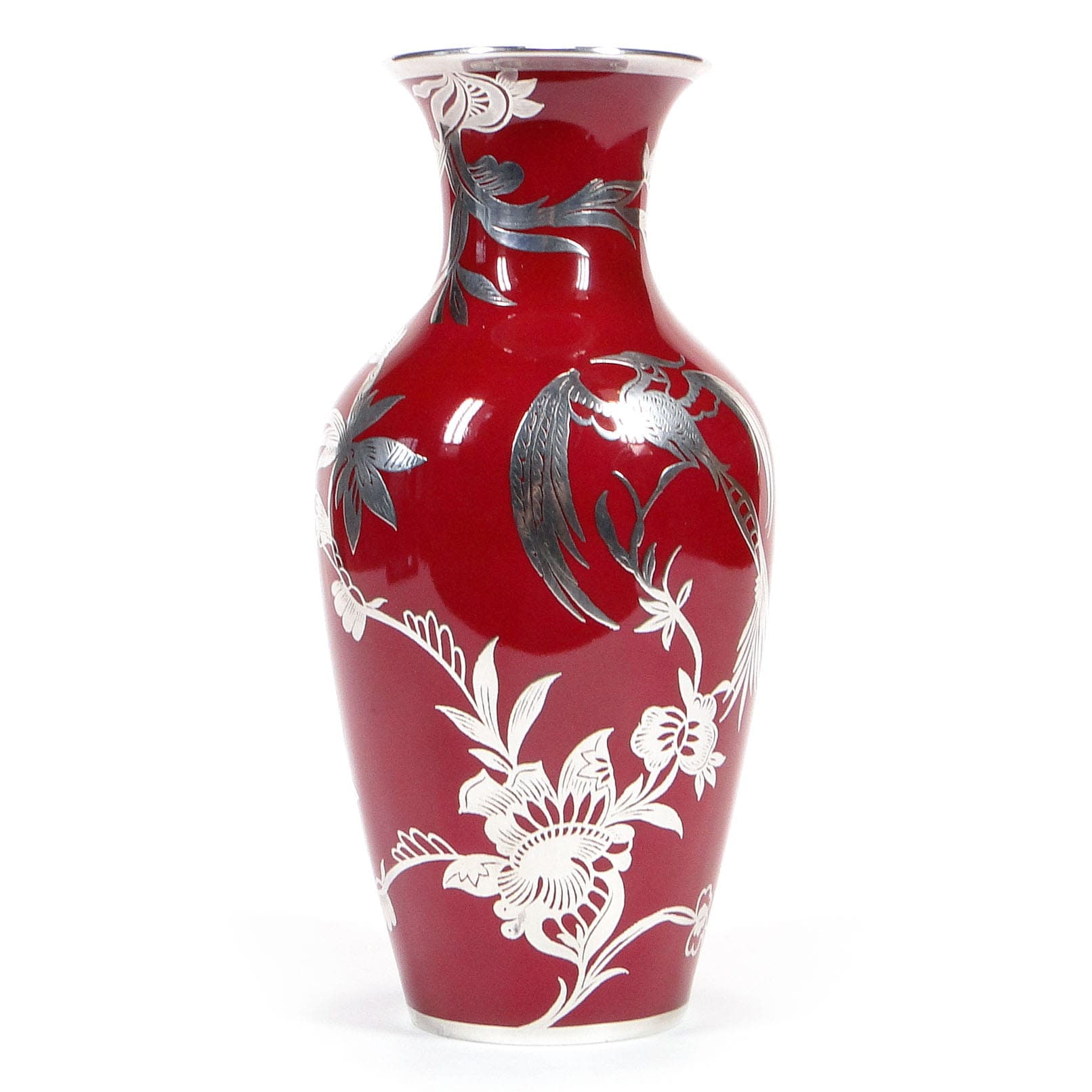 Wazon Art Deco, czerwony, porcelana, srebro, Rosenthal Selb, Niemcy, lata 50.