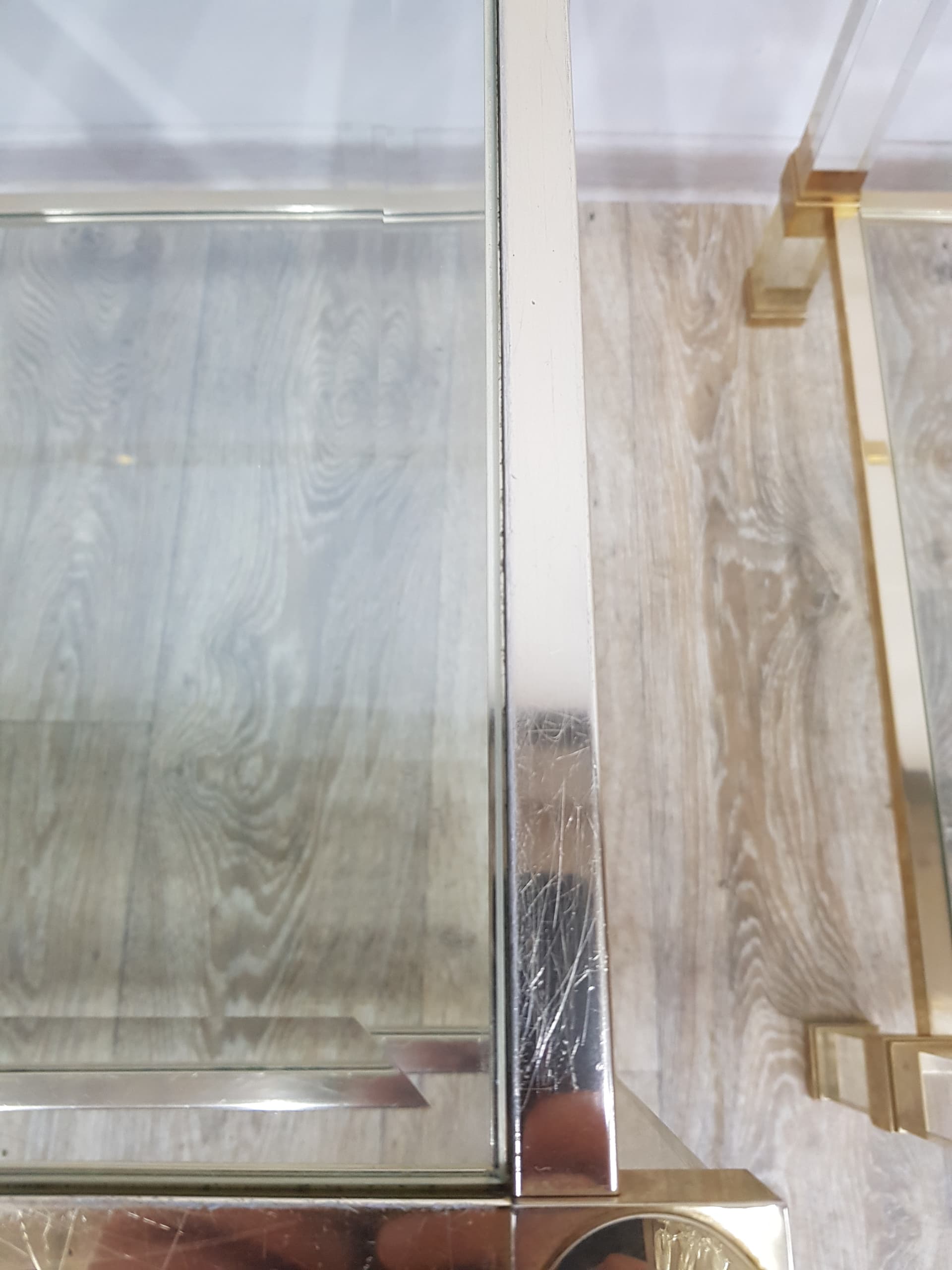 Pair of Hollywood Regency side tables, acrylic transparent, glass transparent, metal gold, by P. Vandel - 351144