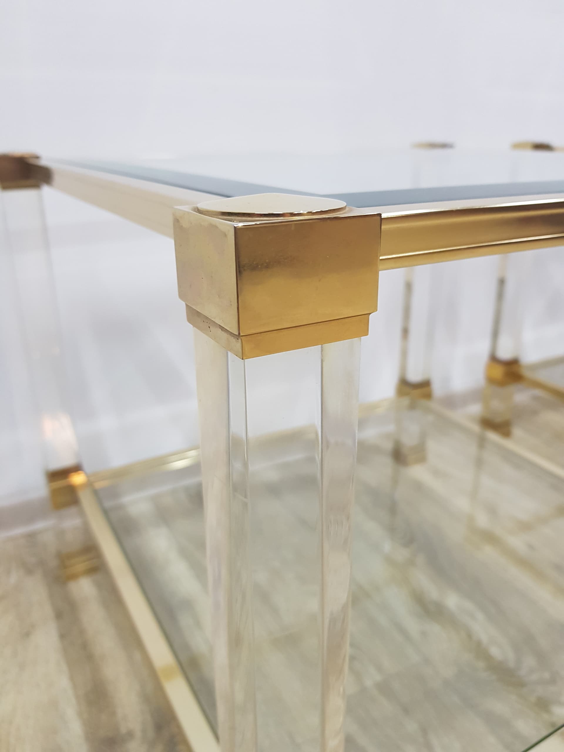 Pair of Hollywood Regency side tables, acrylic transparent, glass transparent, metal gold, by P. Vandel - 351146