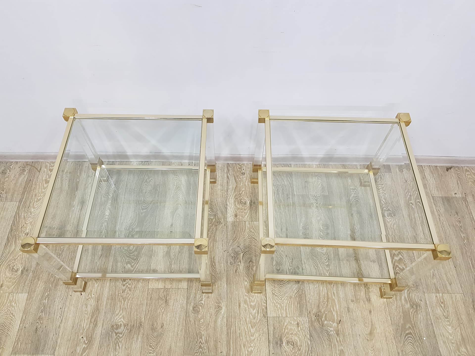 Pair of Hollywood Regency side tables, acrylic transparent, glass transparent, metal gold, by P. Vandel - 351153