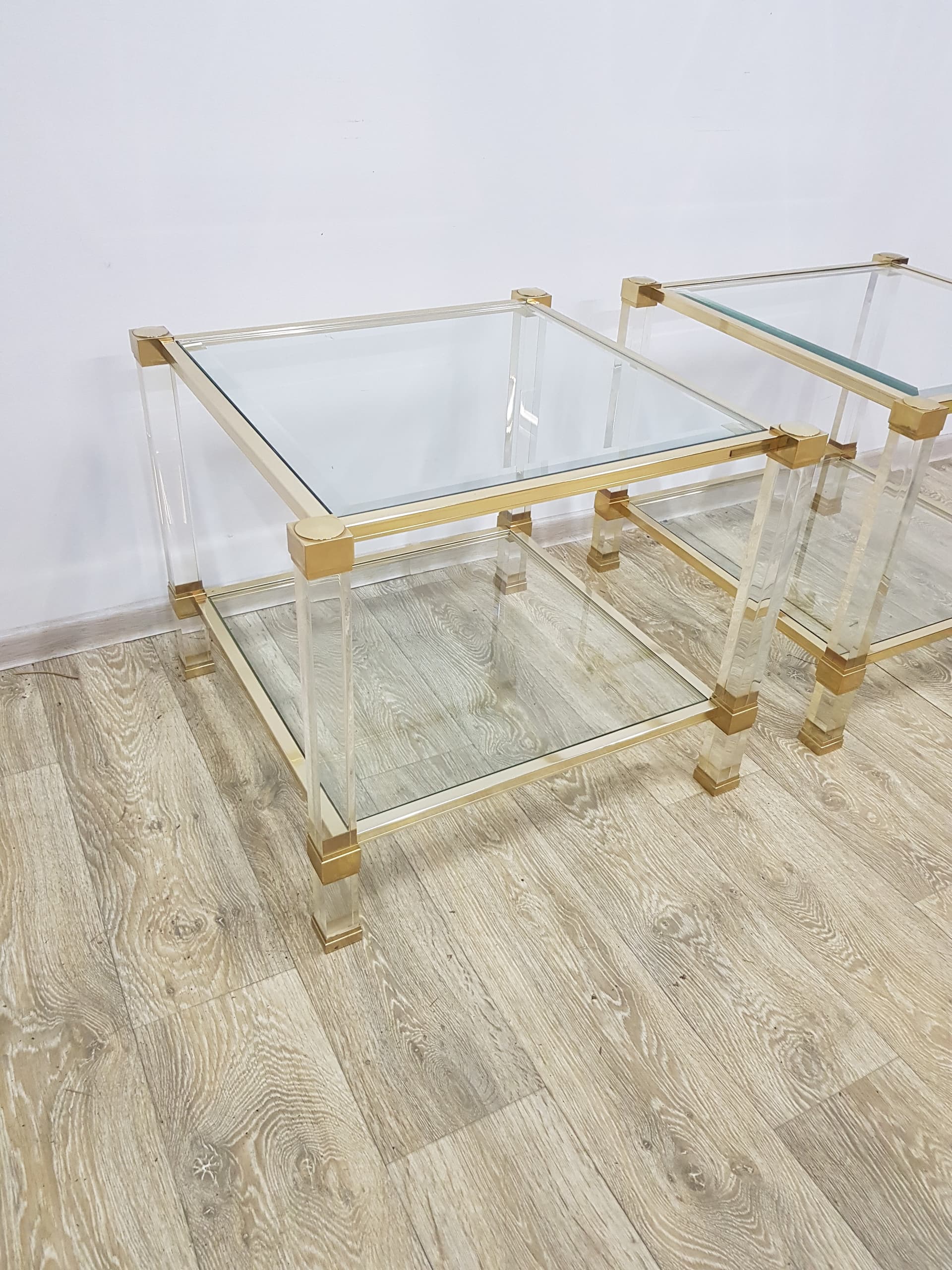 Pair of Hollywood Regency side tables, acrylic transparent, glass transparent, metal gold, by P. Vandel - 351155