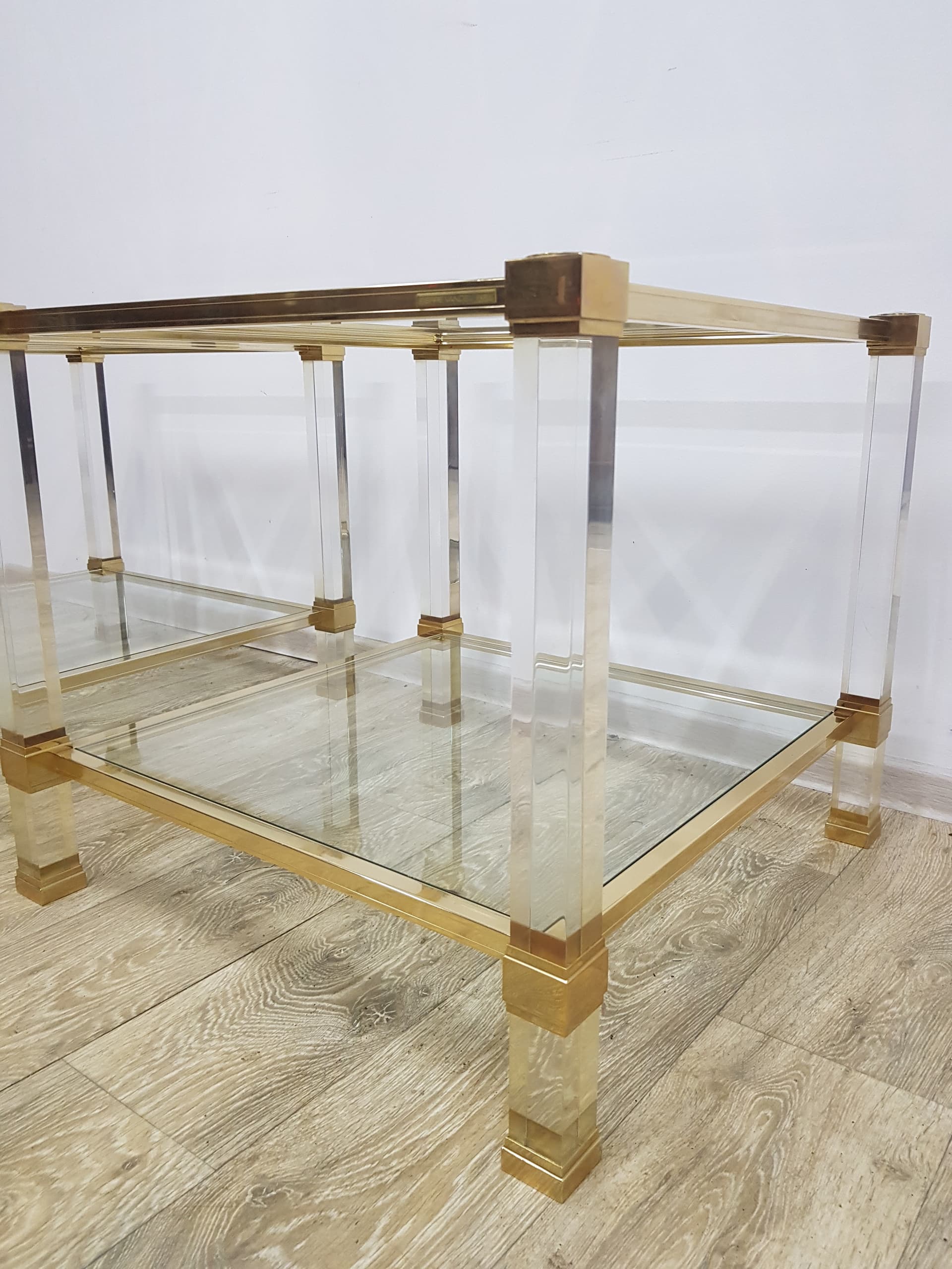 Pair of Hollywood Regency side tables, acrylic transparent, glass transparent, metal gold, by P. Vandel - 351154