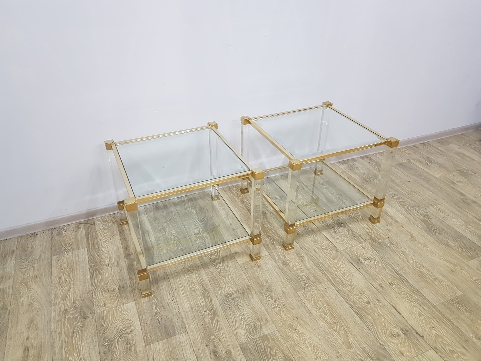 Pair of Hollywood Regency side tables, acrylic transparent, glass transparent, metal gold, by P. Vandel - 351148