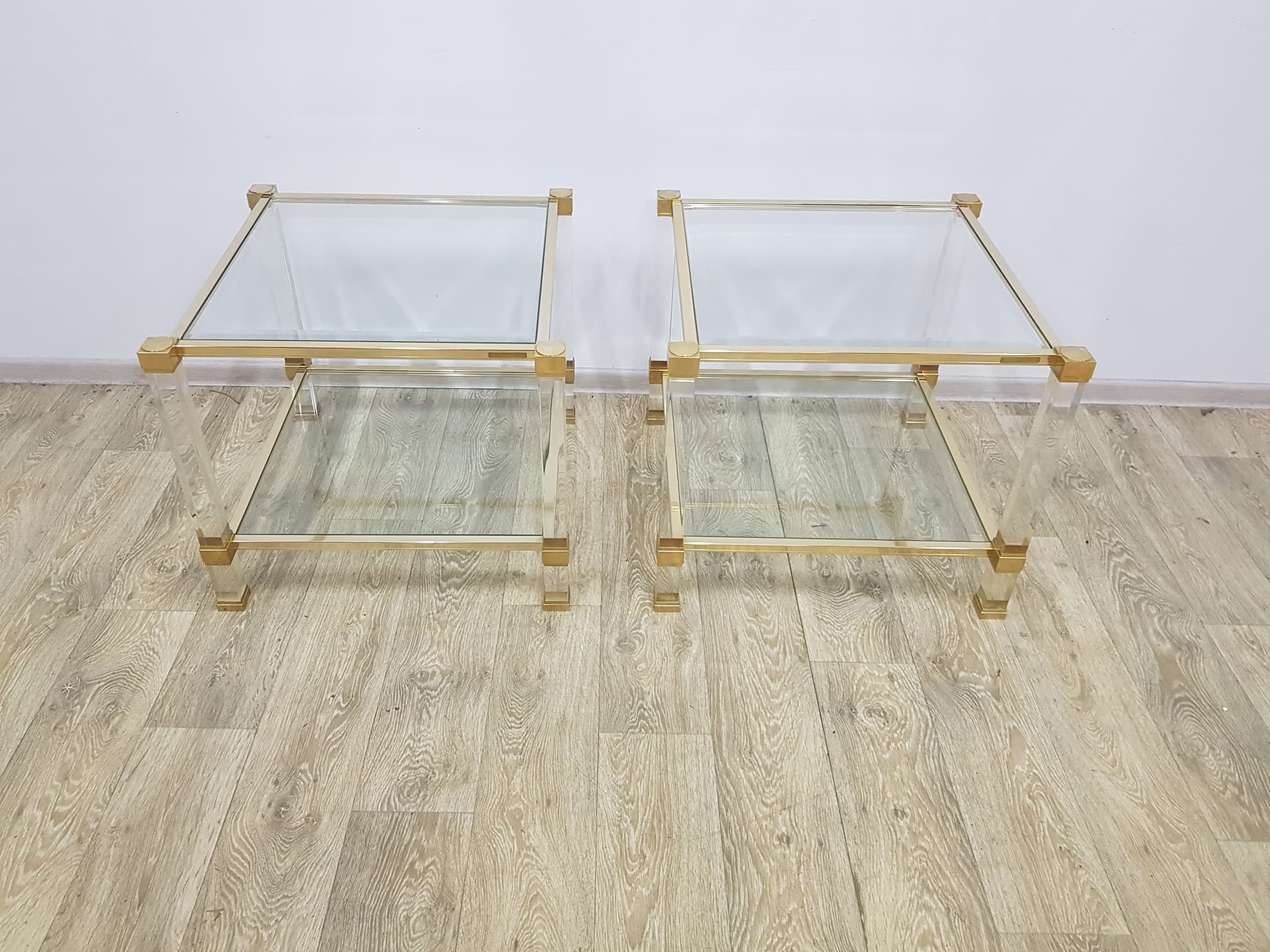 Pair of Hollywood Regency side tables, acrylic transparent, glass transparent, metal gold, by P. Vandel - 351157