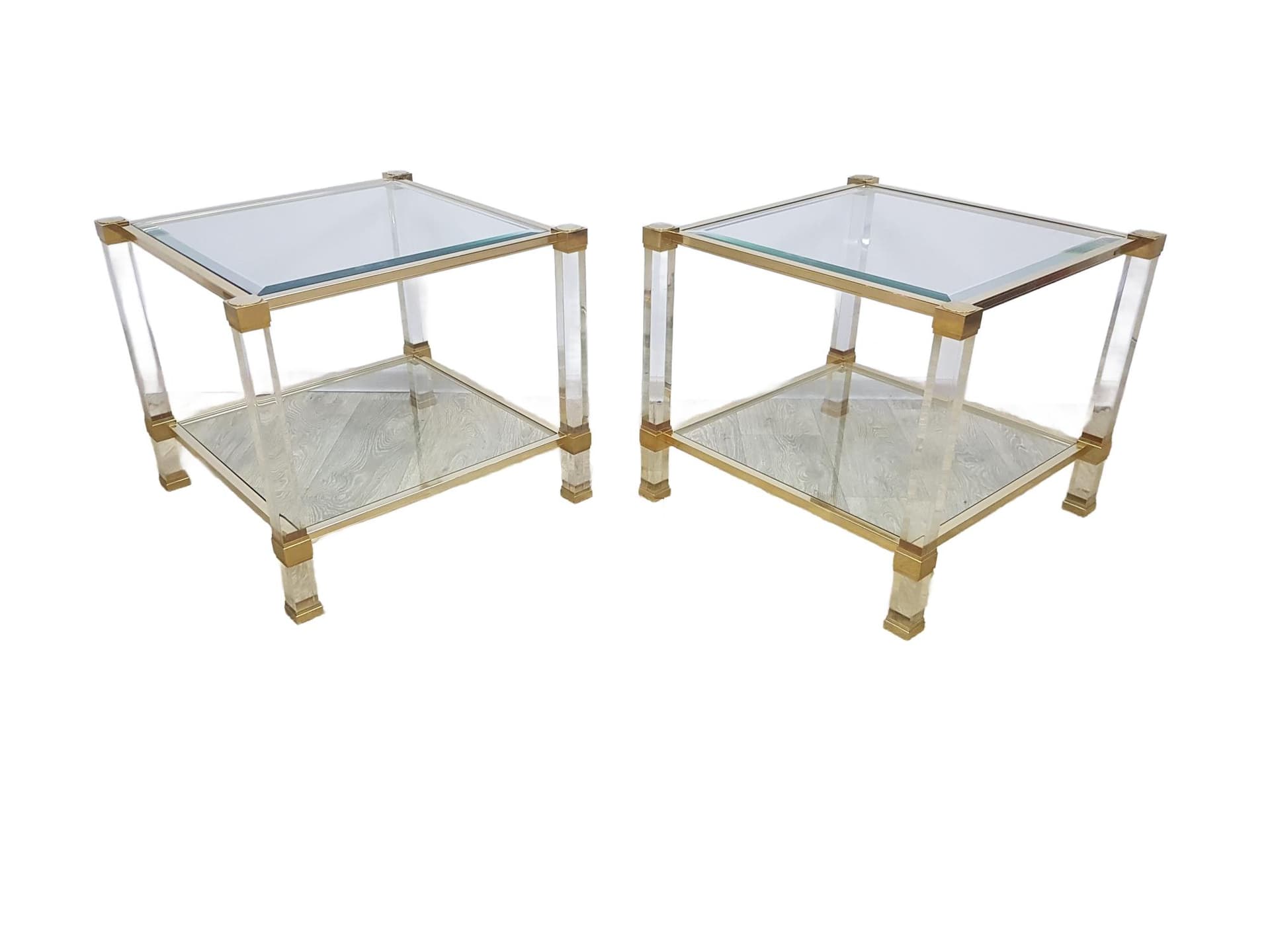 Pair of Hollywood Regency side tables, acrylic transparent, glass transparent, metal gold, by P. Vandel