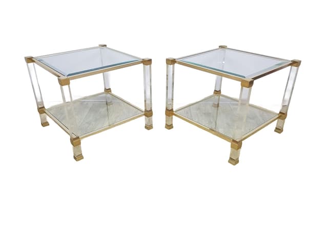 Pair of Hollywood Regency side tables, acrylic transparent, glass transparent, metal gold, by P. Vandel - DIMENSION