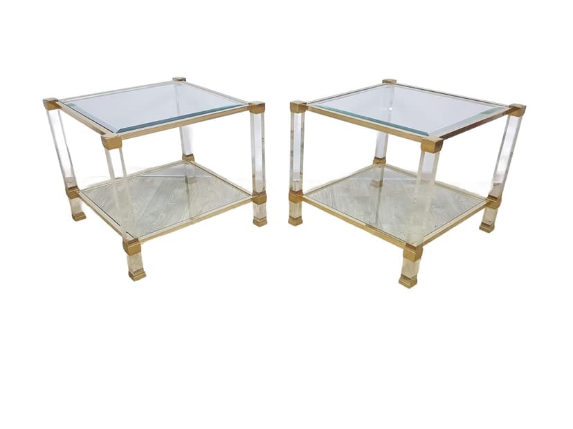 Pair of Hollywood Regency side tables, acrylic transparent, glass transparent, metal gold, by P. Vandel