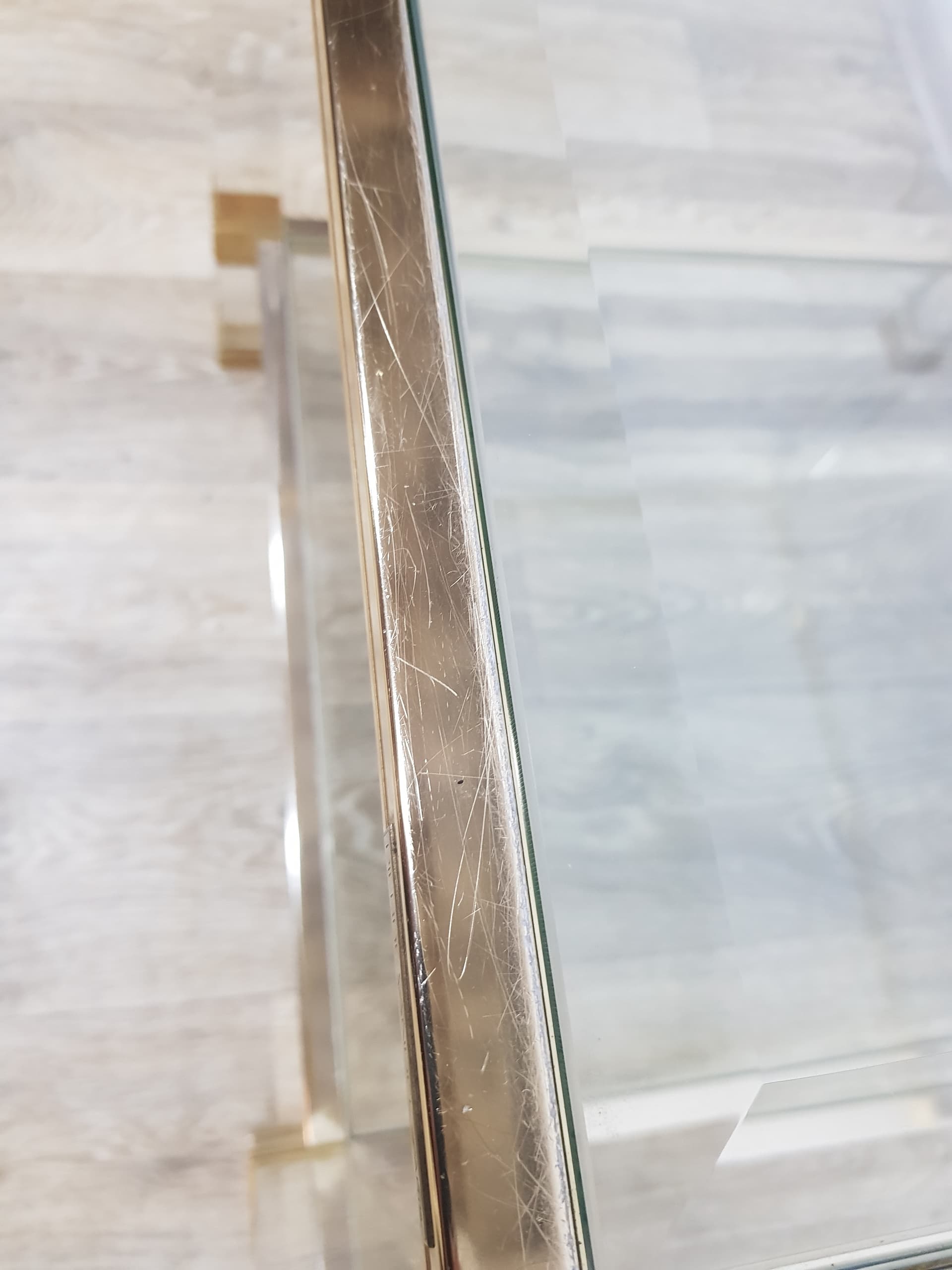 Pair of Hollywood Regency side tables, acrylic transparent, glass transparent, metal gold, by P. Vandel - 351145
