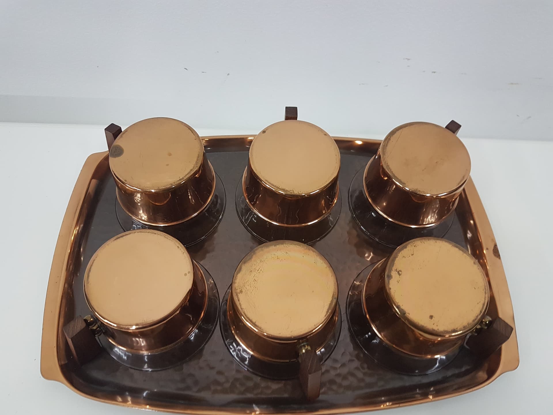 Glass set with tray, Schott Mainz Jenaer Glas, transparent glass, copper gold, teak wood brown - 351179