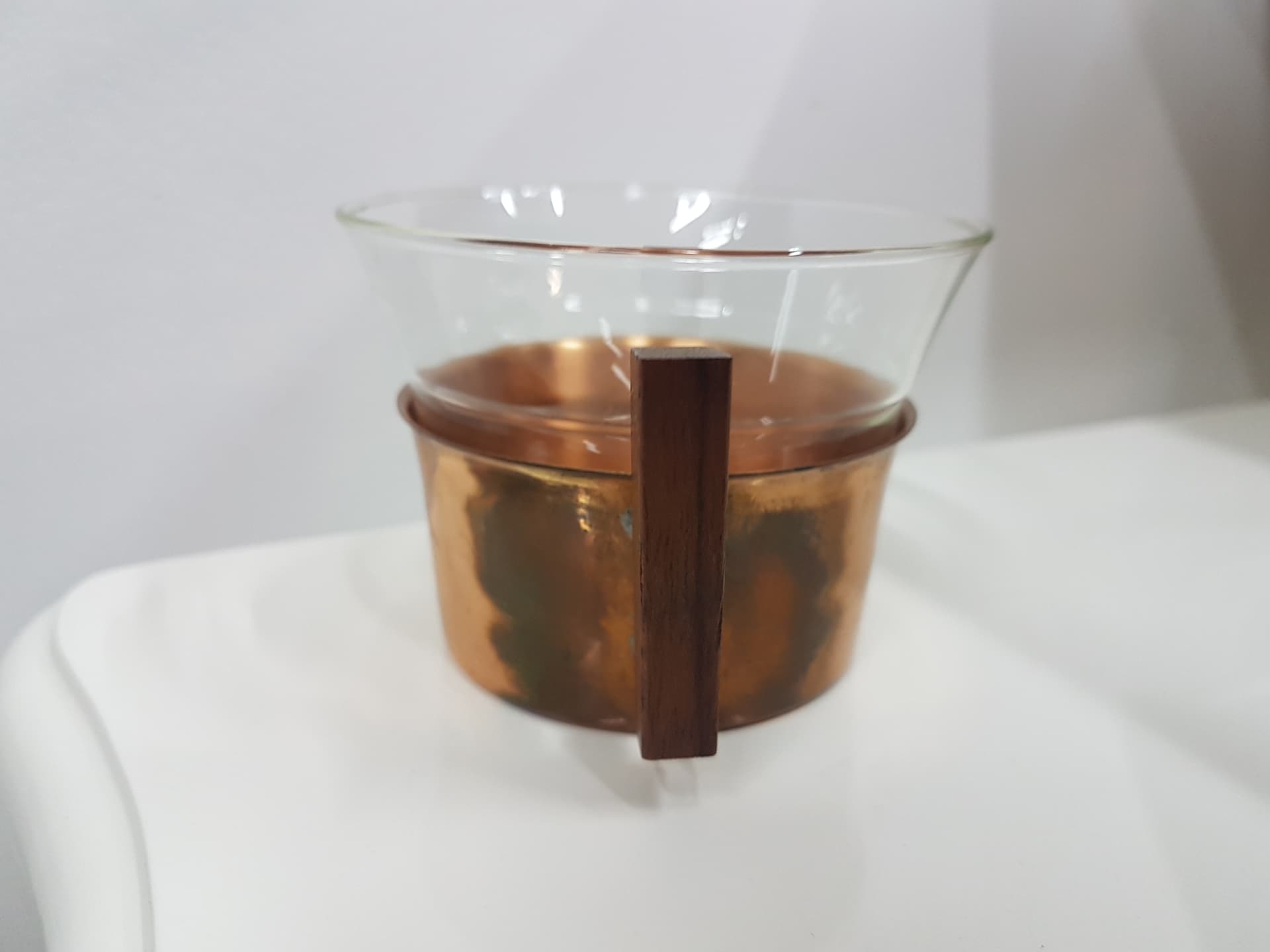 Glass set with tray, Schott Mainz Jenaer Glas, transparent glass, copper gold, teak wood brown - 351186