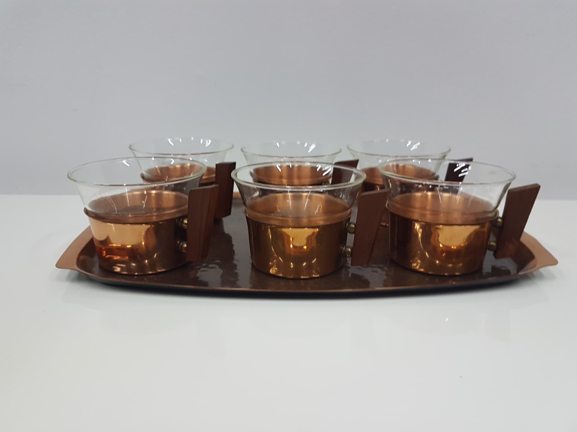 Glass set with tray, Schott Mainz Jenaer Glas, transparent glass, copper gold, teak wood brown - 351174