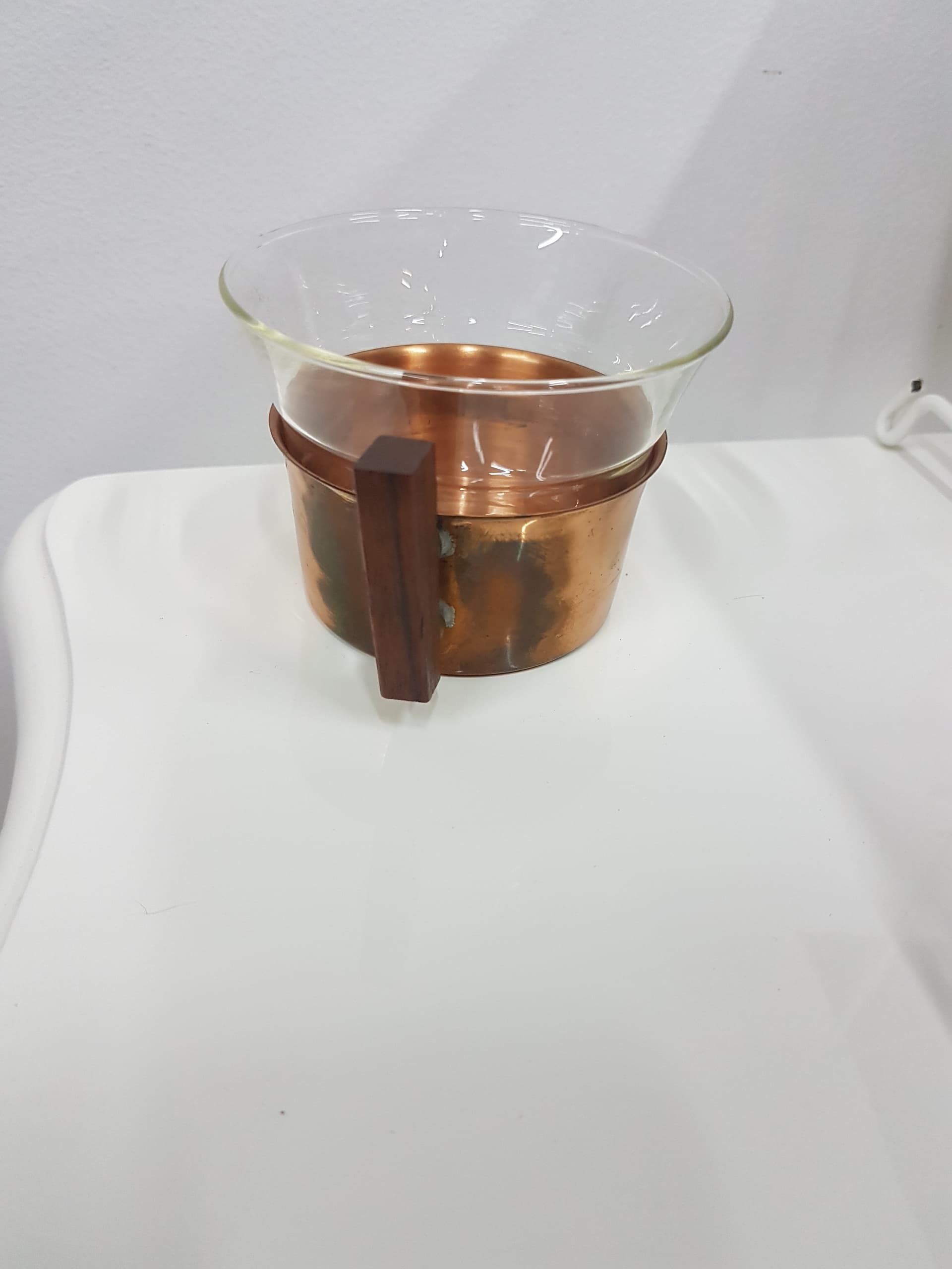 Glass set with tray, Schott Mainz Jenaer Glas, transparent glass, copper gold, teak wood brown - 351185