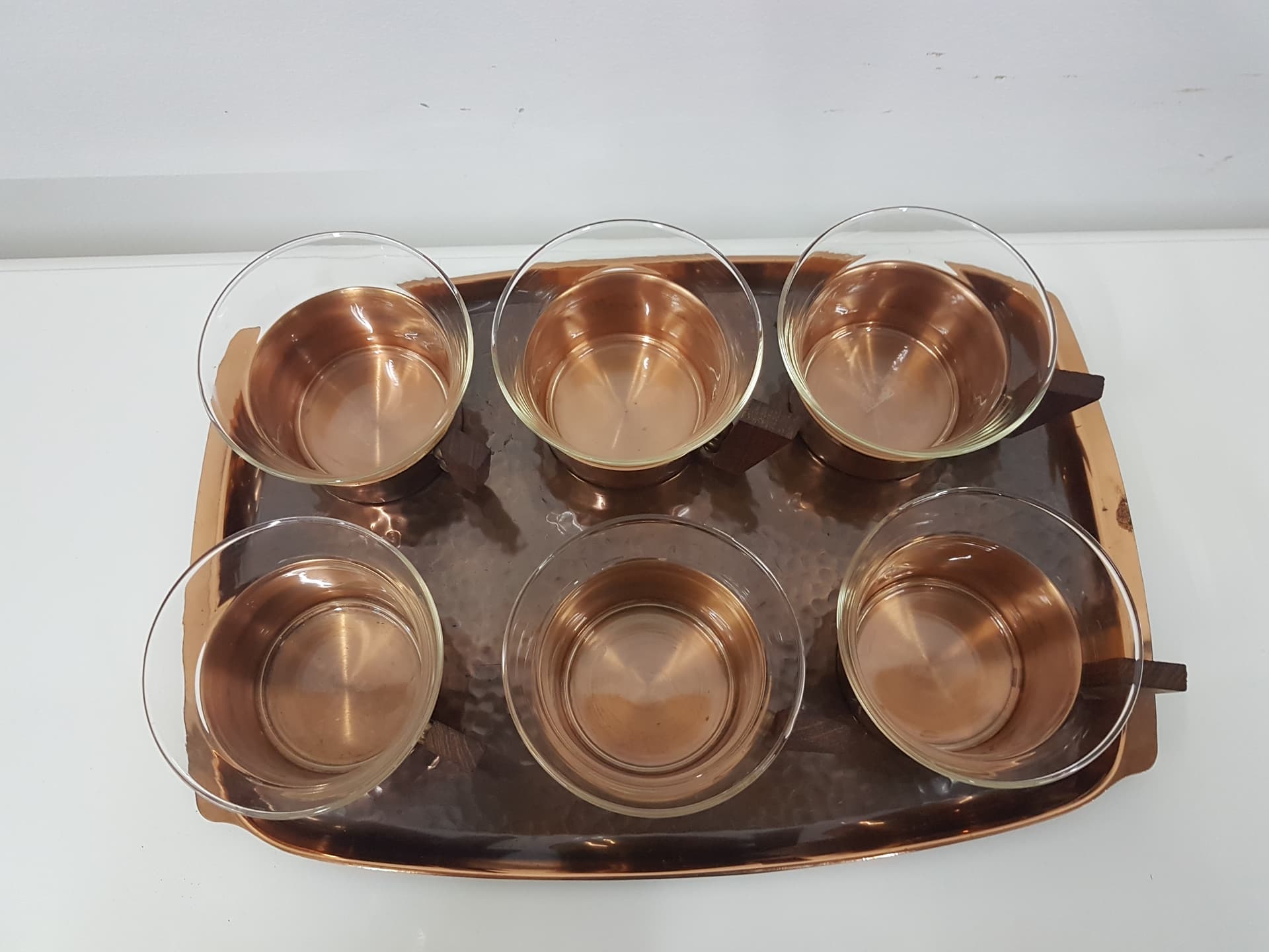 Glass set with tray, Schott Mainz Jenaer Glas, transparent glass, copper gold, teak wood brown - 351178