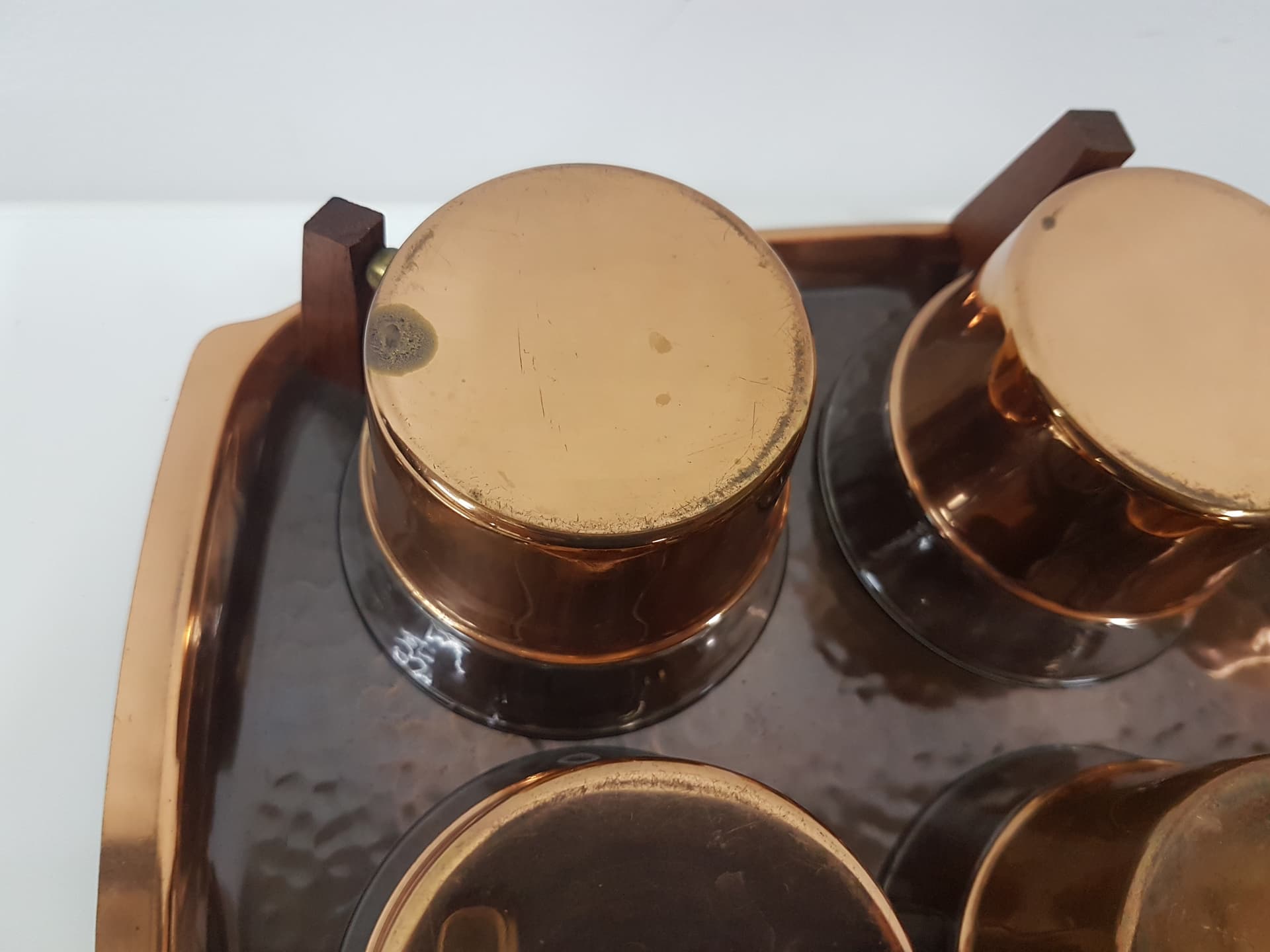 Glass set with tray, Schott Mainz Jenaer Glas, transparent glass, copper gold, teak wood brown - 351181