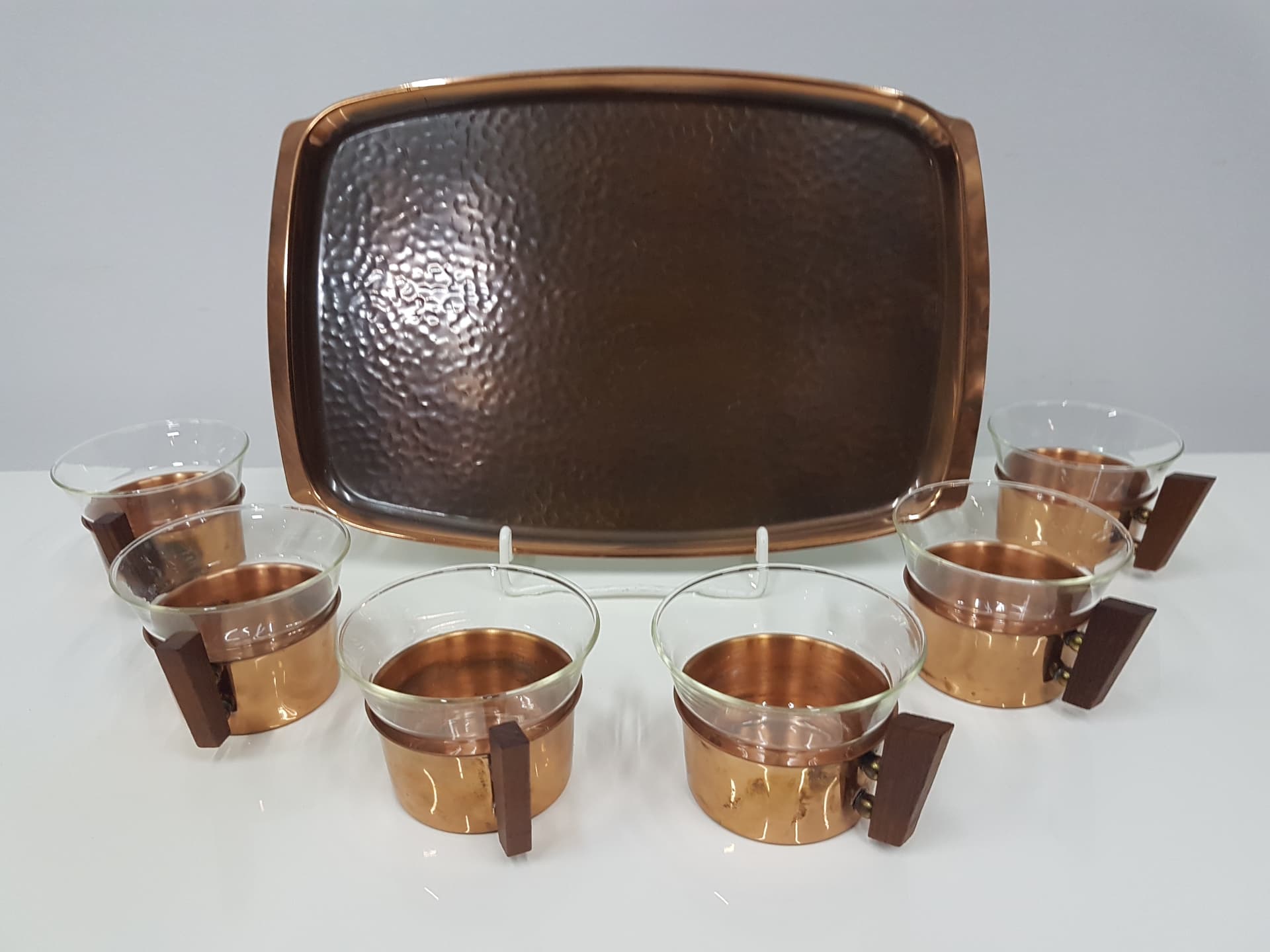 Glass set with tray, Schott Mainz Jenaer Glas, transparent glass, copper gold, teak wood brown - 351182