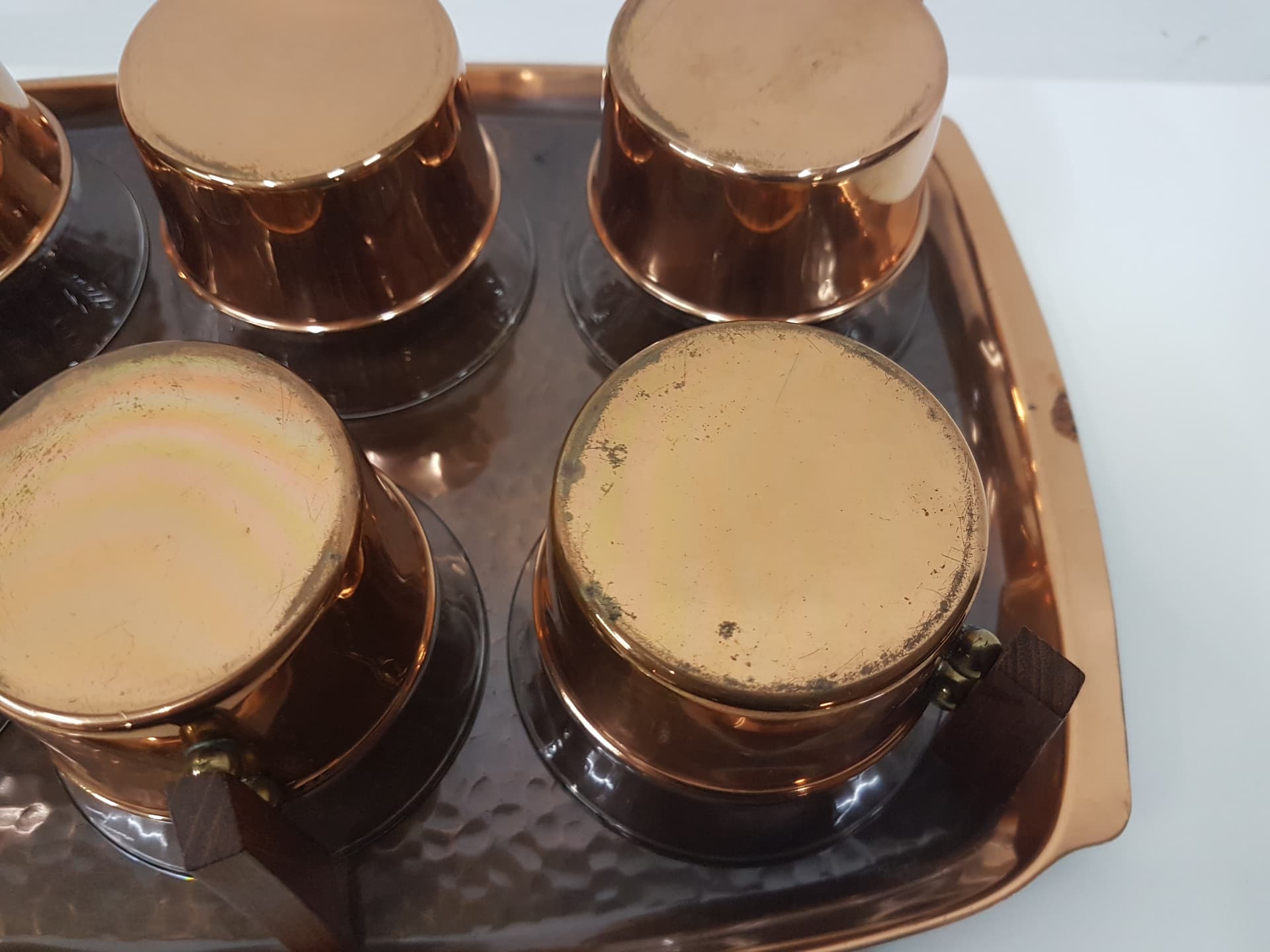 Glass set with tray, Schott Mainz Jenaer Glas, transparent glass, copper gold, teak wood brown - 351180