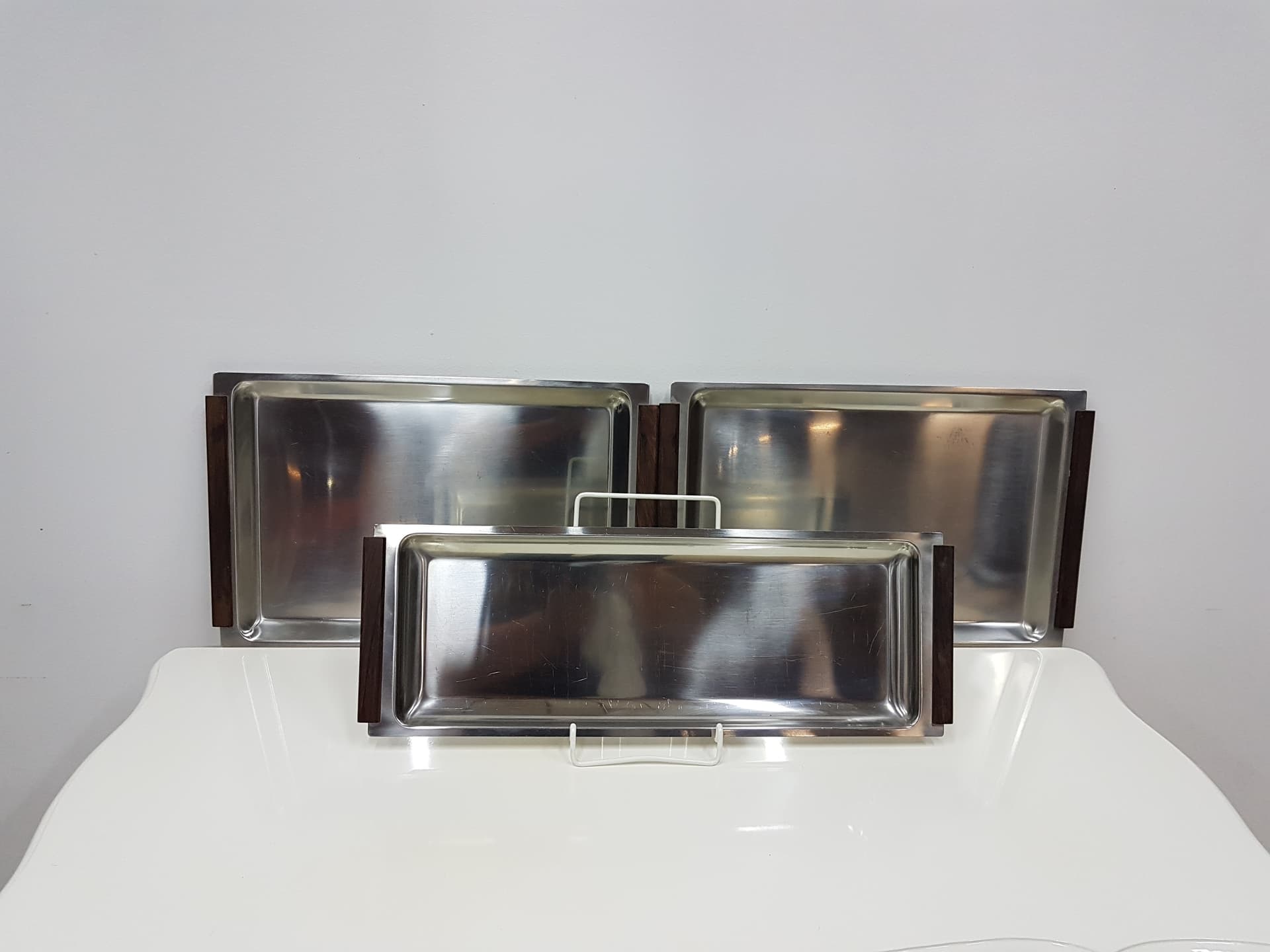 Set of three trays, stainless steel silver, teak brown - 351210
