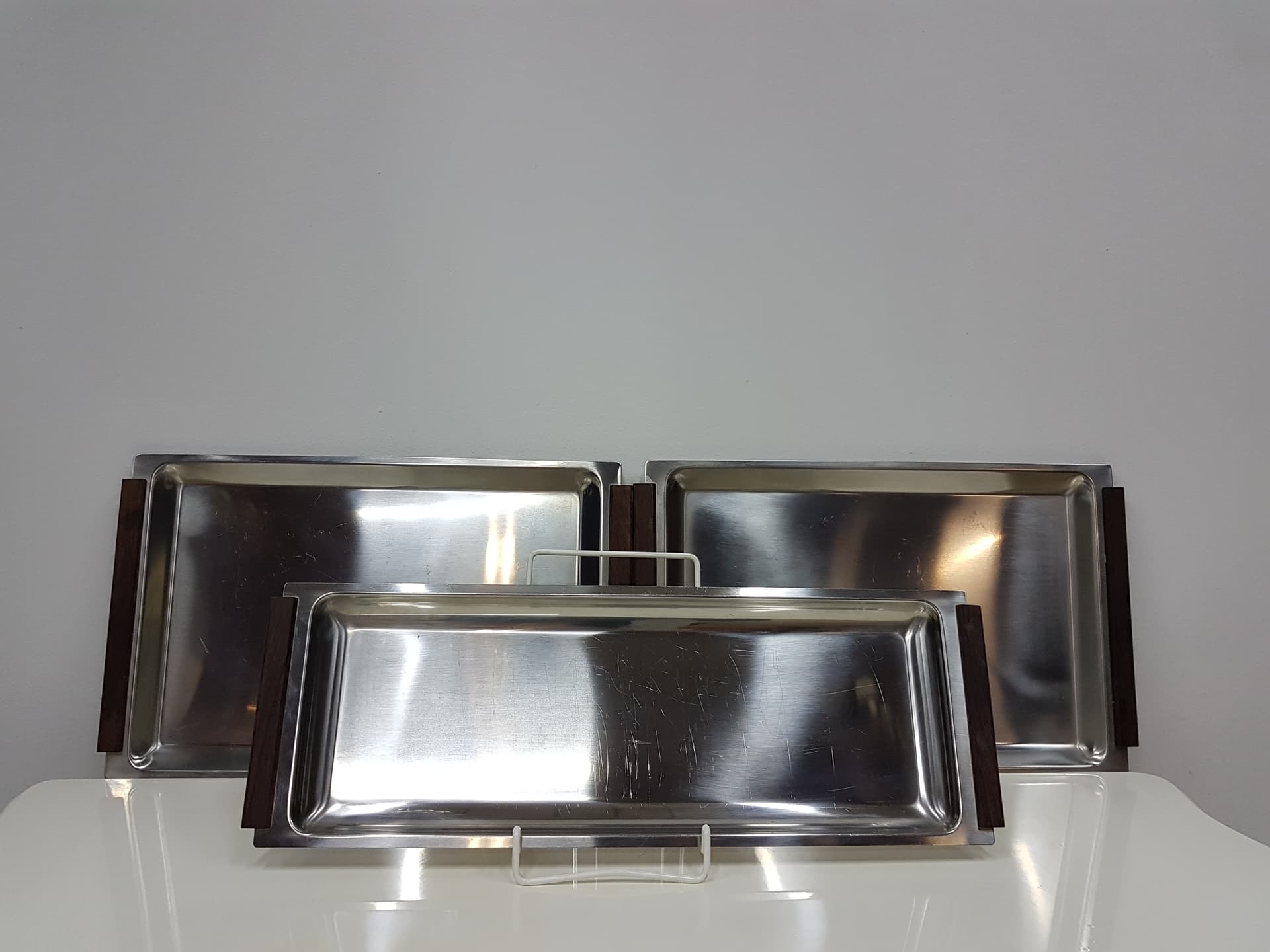 Set of three trays, stainless steel silver, teak brown - 351211