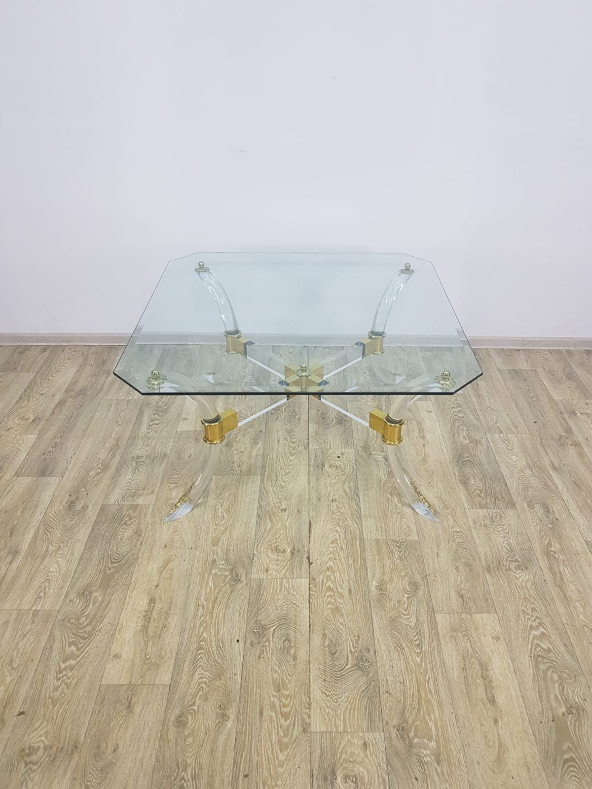 Coffee table Hollywood Regency, brass gold, acrylic transparent, crystal glass, vintage - 351269
