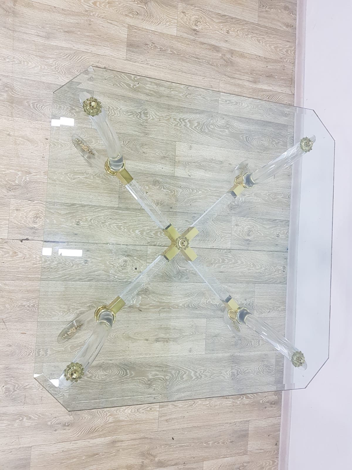 Coffee table Hollywood Regency, brass gold, acrylic transparent, crystal glass, vintage - 351278