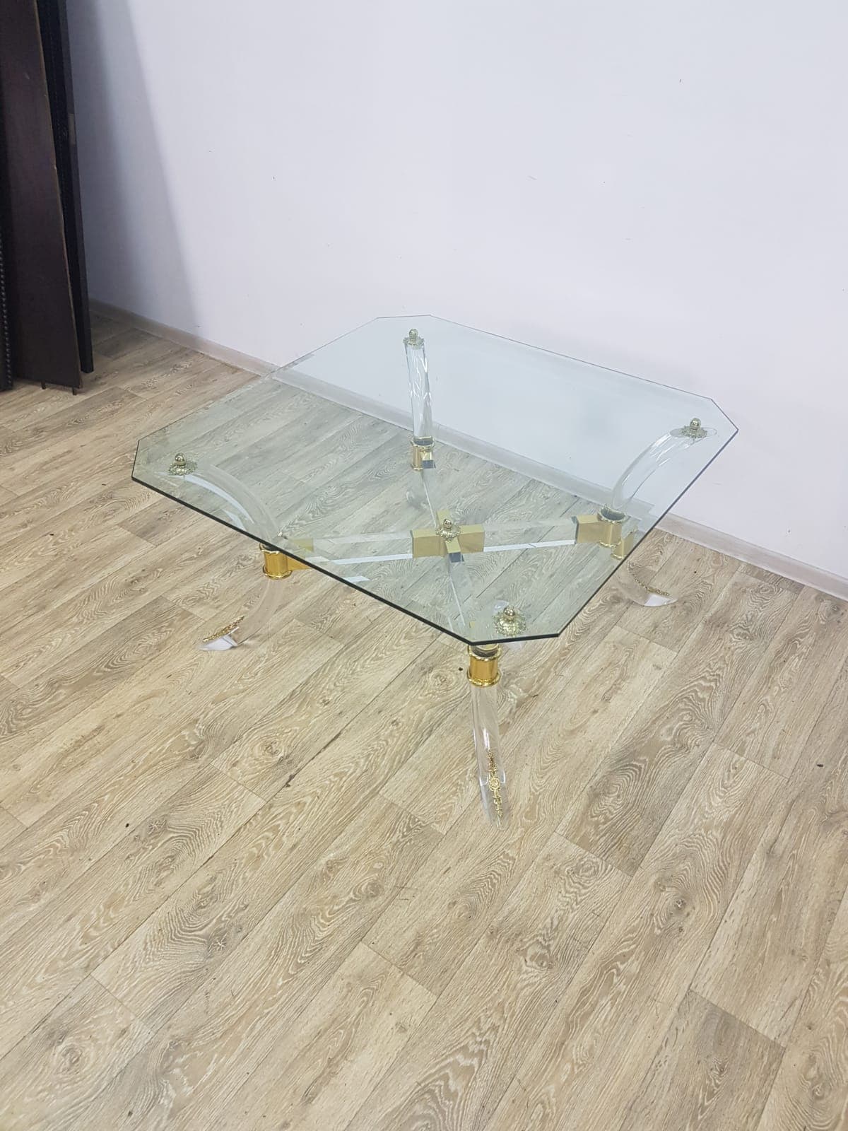 Coffee table Hollywood Regency, brass gold, acrylic transparent, crystal glass, vintage - 351272