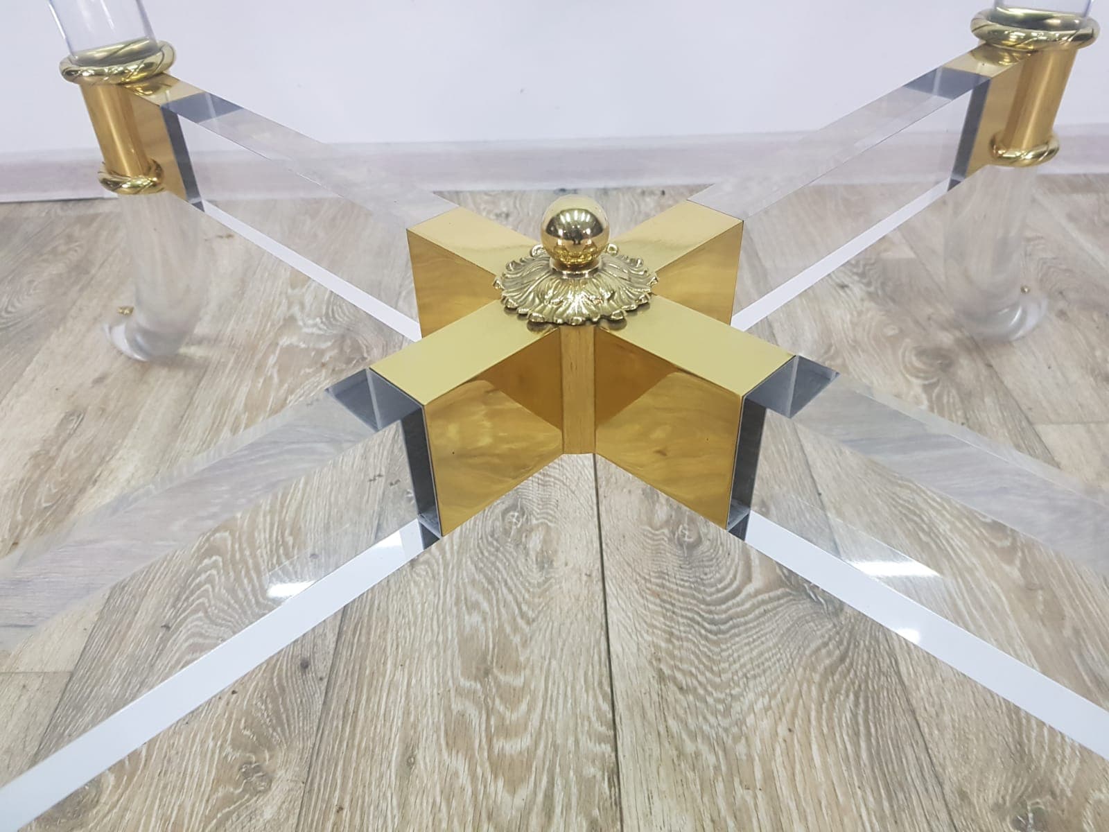 Coffee table Hollywood Regency, brass gold, acrylic transparent, crystal glass, vintage - 351279