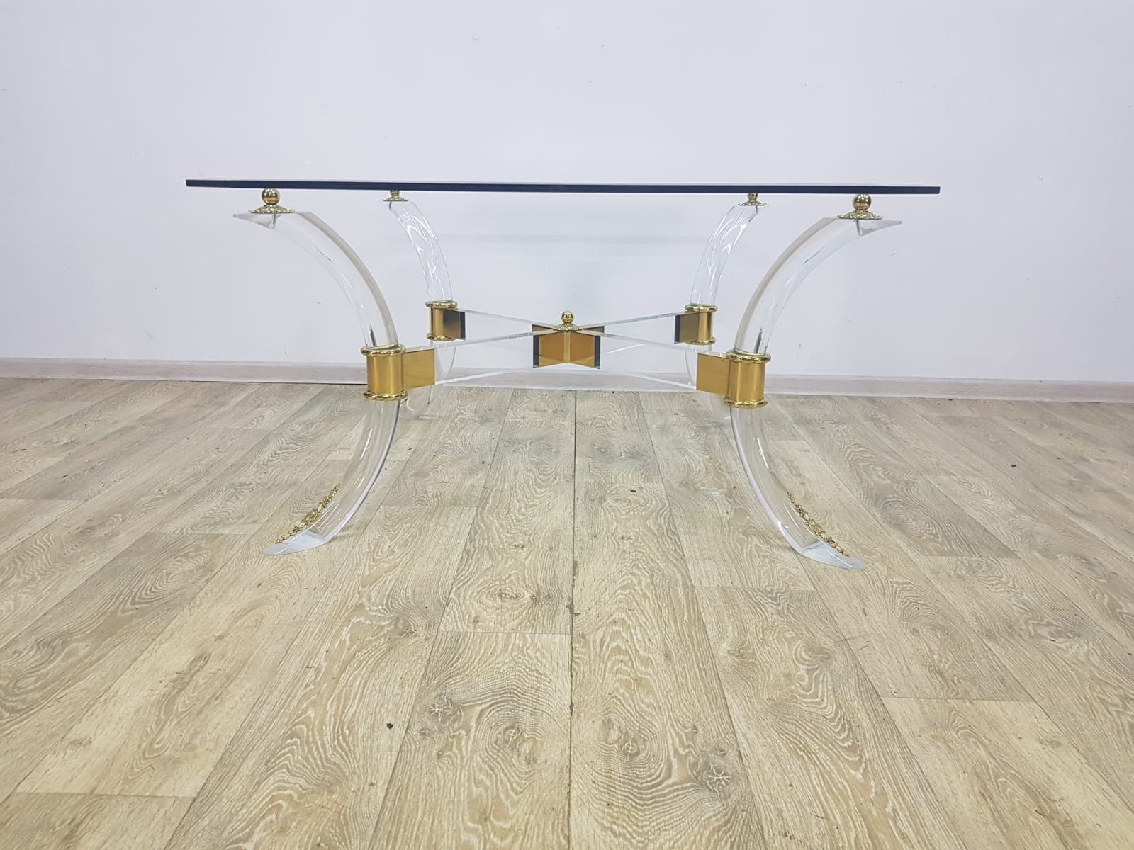 Coffee table Hollywood Regency, brass gold, acrylic transparent, crystal glass, vintage - 351282
