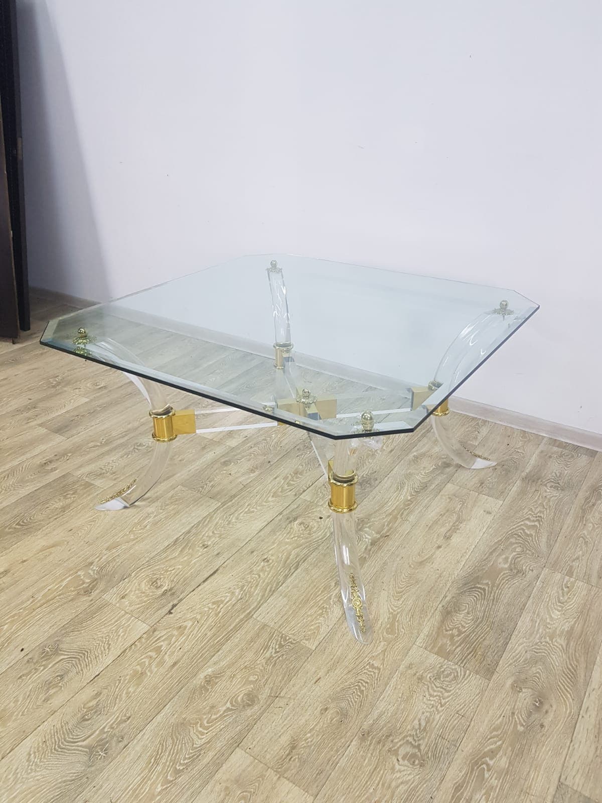 Coffee table Hollywood Regency, brass gold, acrylic transparent, crystal glass, vintage - 351275