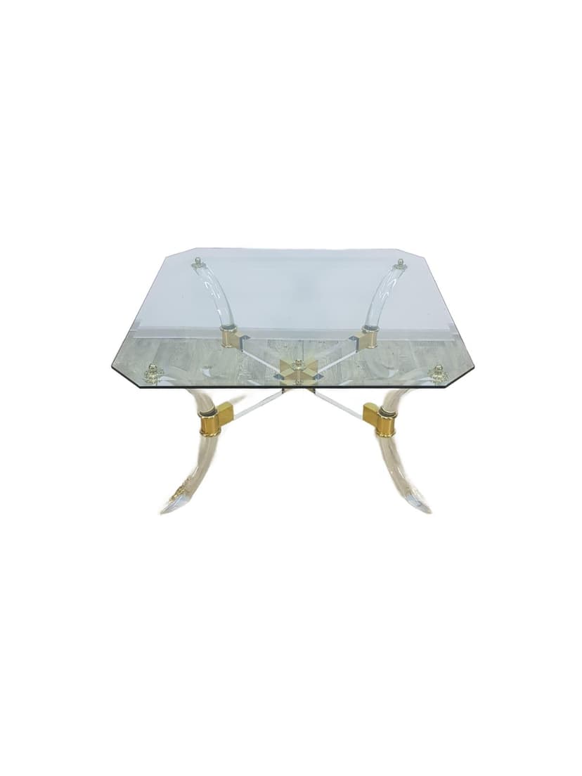 Coffee table Hollywood Regency, brass gold, acrylic transparent, crystal glass, vintage
