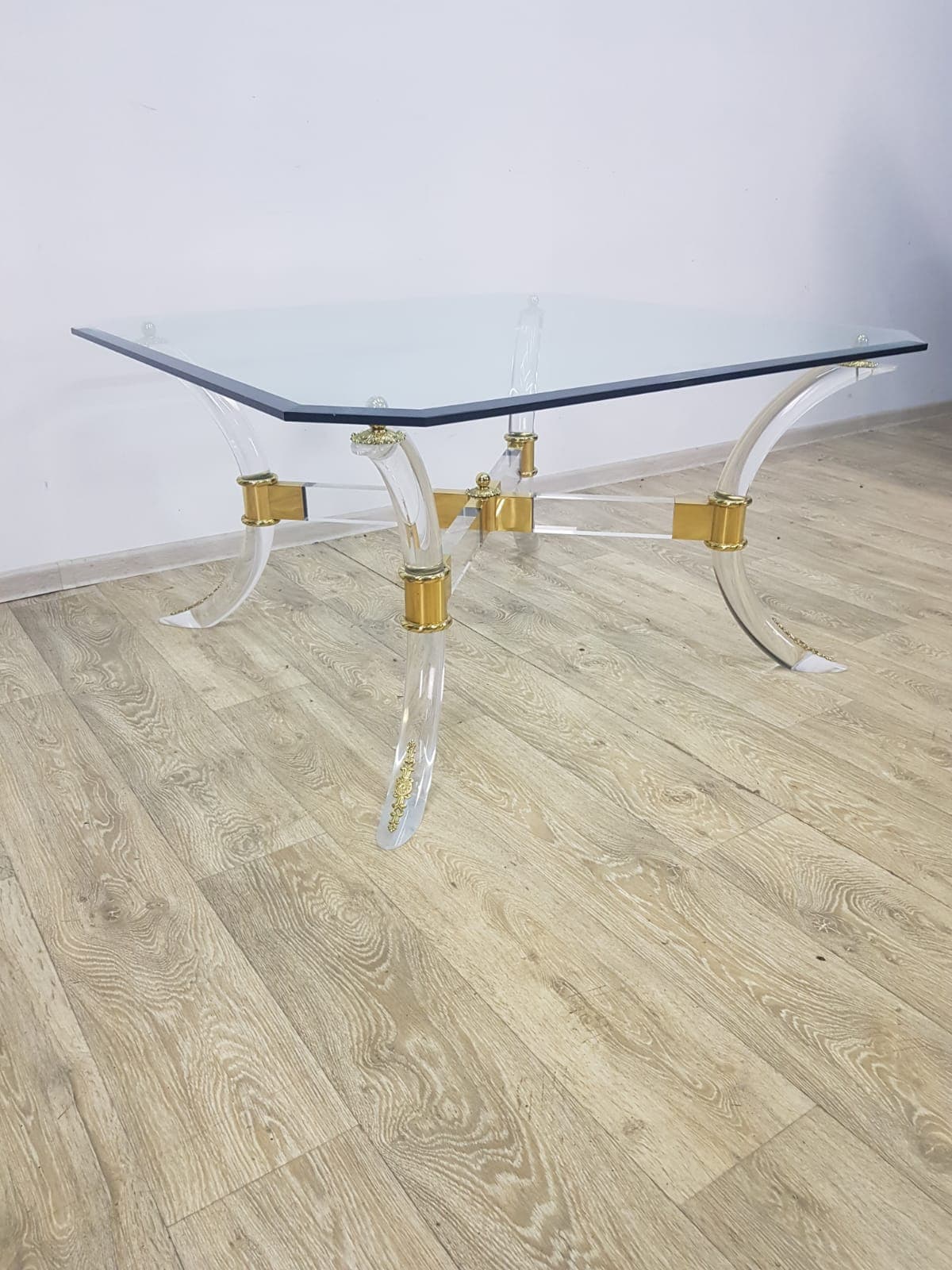 Coffee table Hollywood Regency, brass gold, acrylic transparent, crystal glass, vintage - 351271