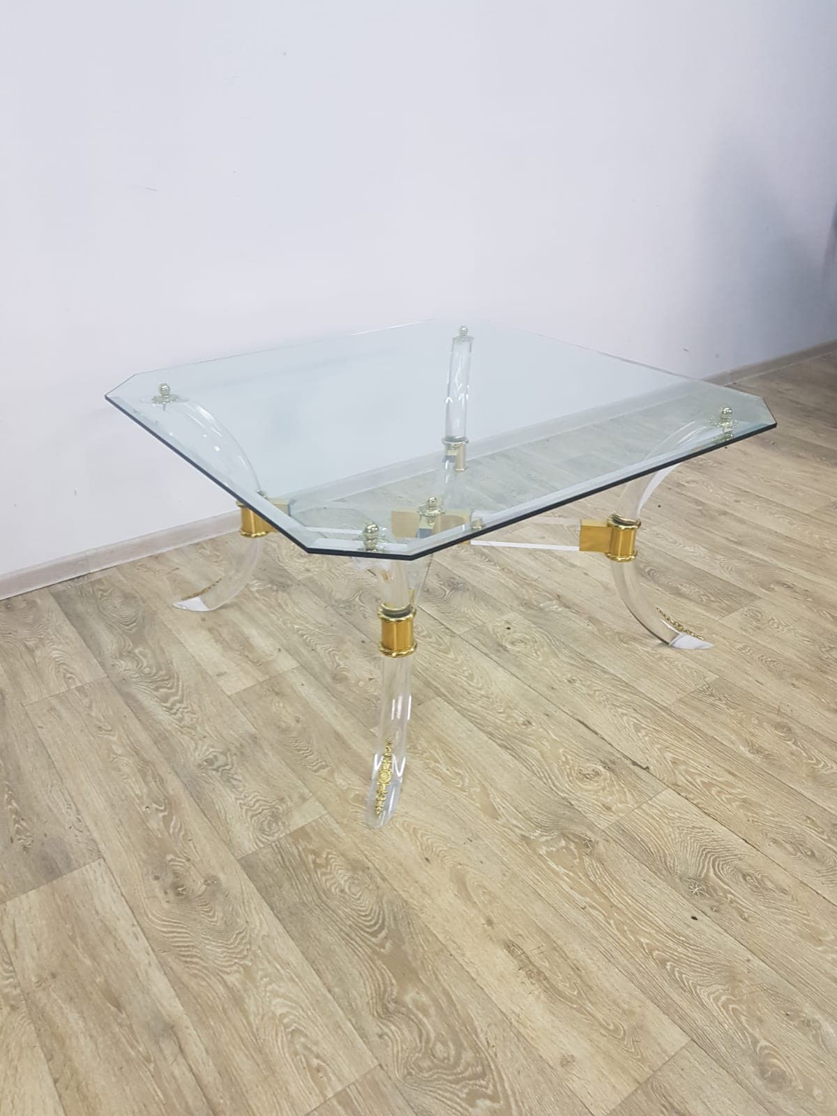 Coffee table Hollywood Regency, brass gold, acrylic transparent, crystal glass, vintage - 351270
