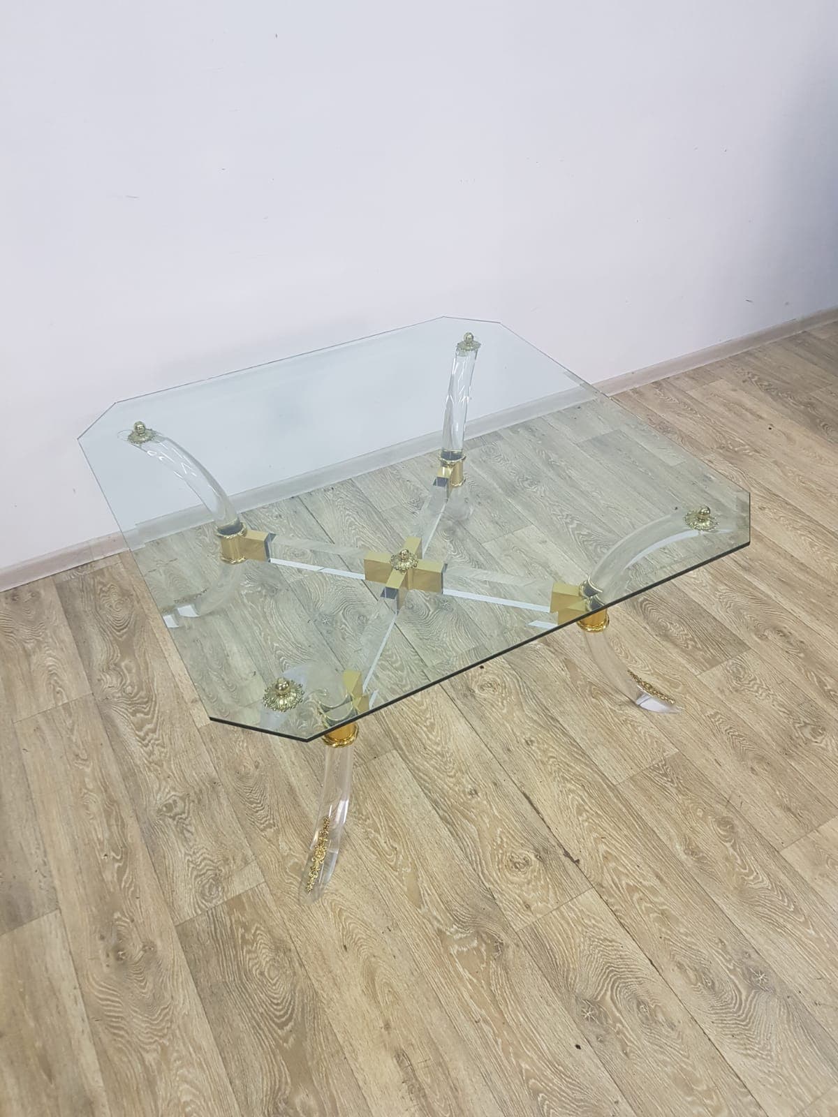 Coffee table Hollywood Regency, brass gold, acrylic transparent, crystal glass, vintage - 351274