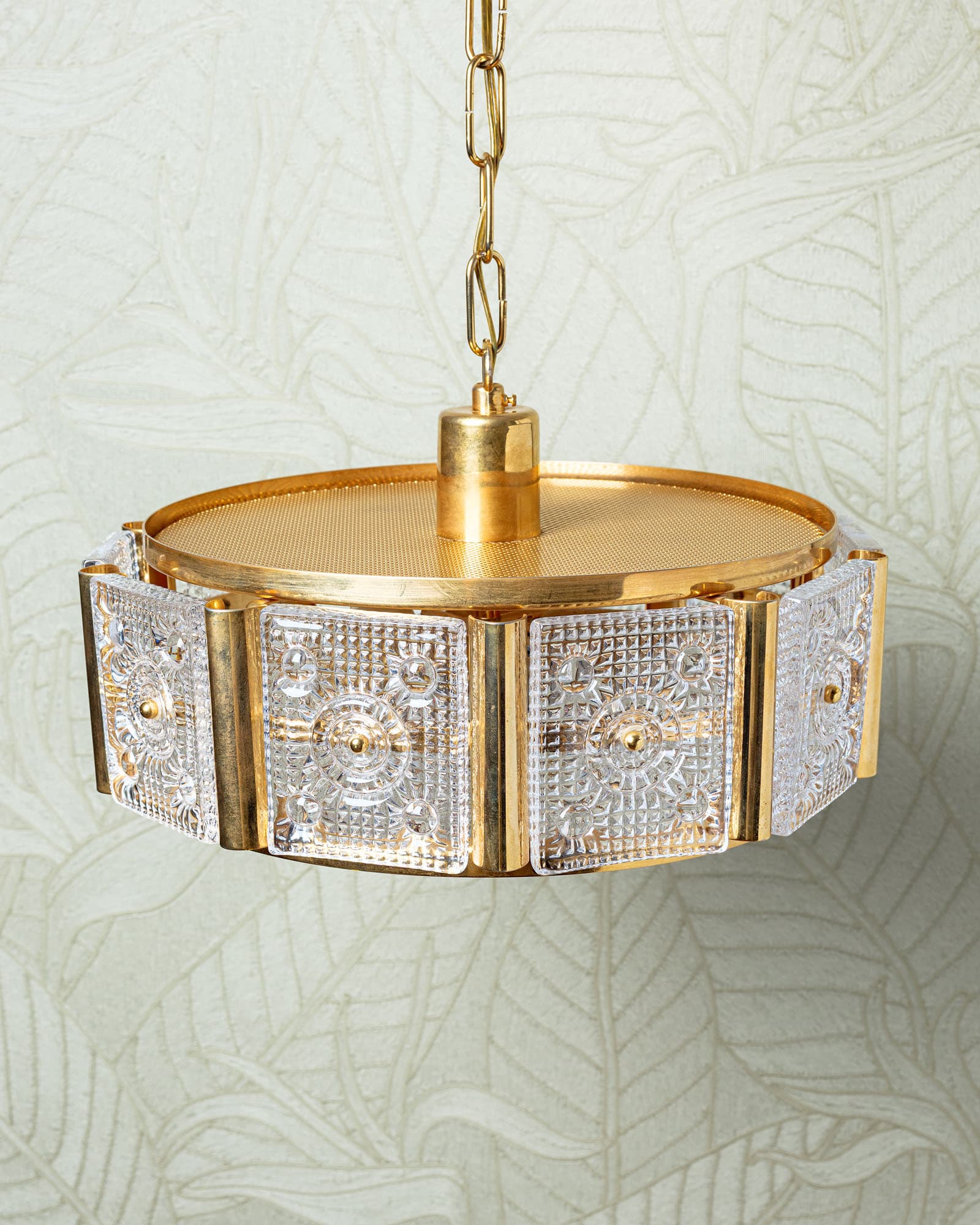 Lampa sufitowa, złoto przezroczysty, mosiądz szkło, proj. C. Fagerlund, Orrefors, Szwecja, lata 60. - 351288
