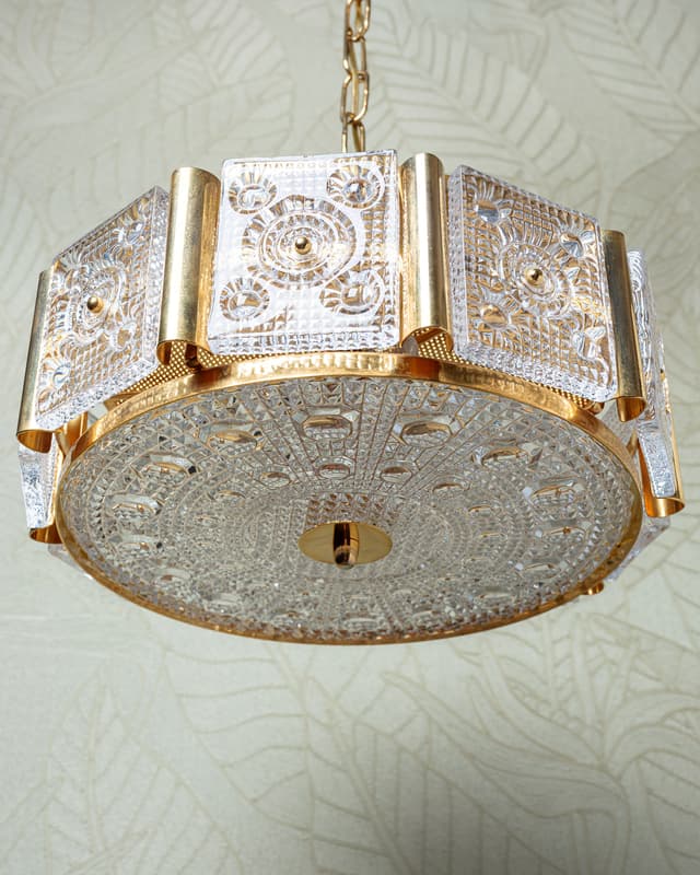 Lampa sufitowa, złoto przezroczysty, mosiądz szkło, proj. C. Fagerlund, Orrefors, Szwecja, lata 60. - WYMIARY