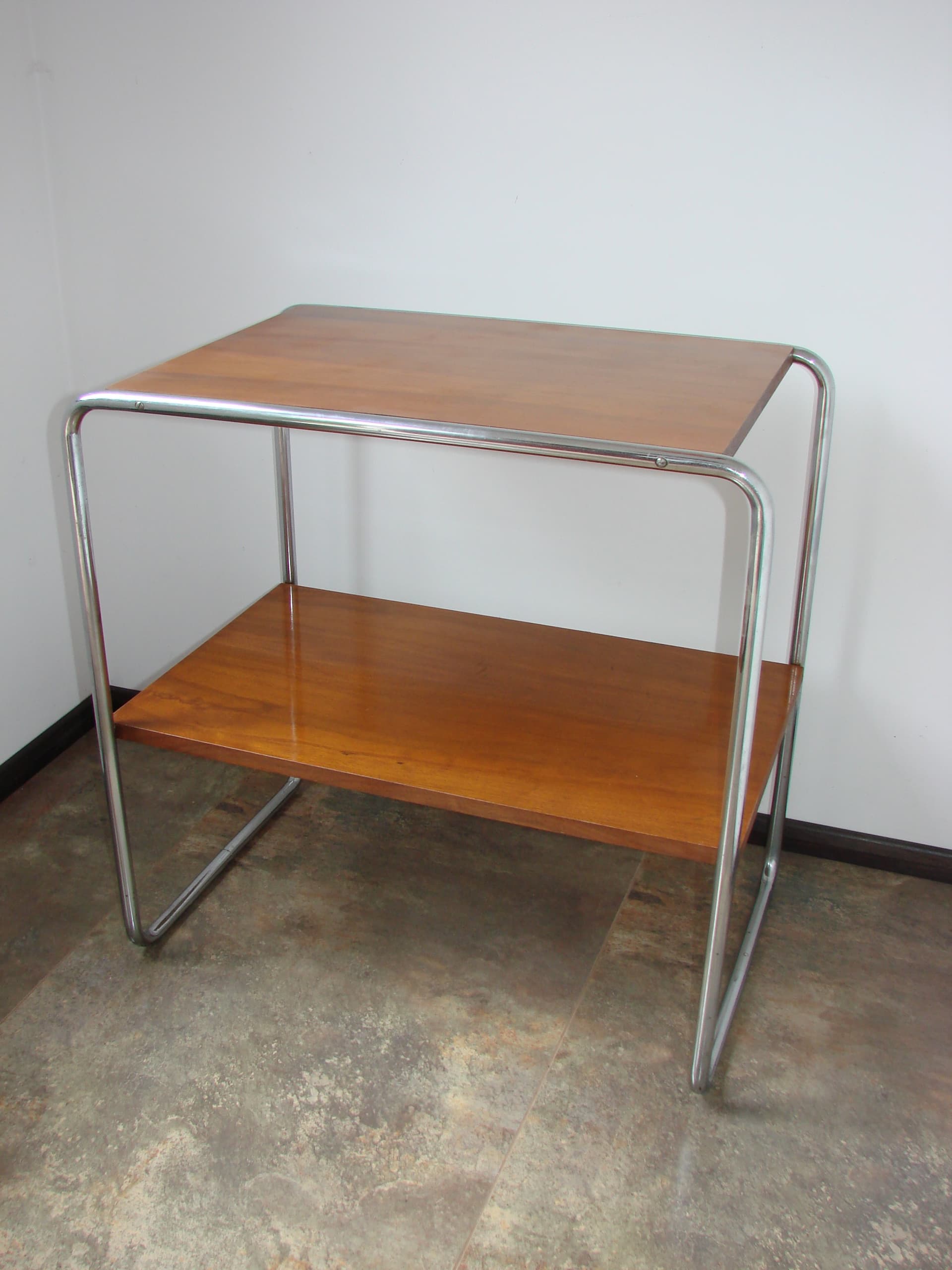 Side table B12, brown wood, silver chromed steel, by M. Breuer, Thonet, Czechoslovakia, 1930s. - 351416