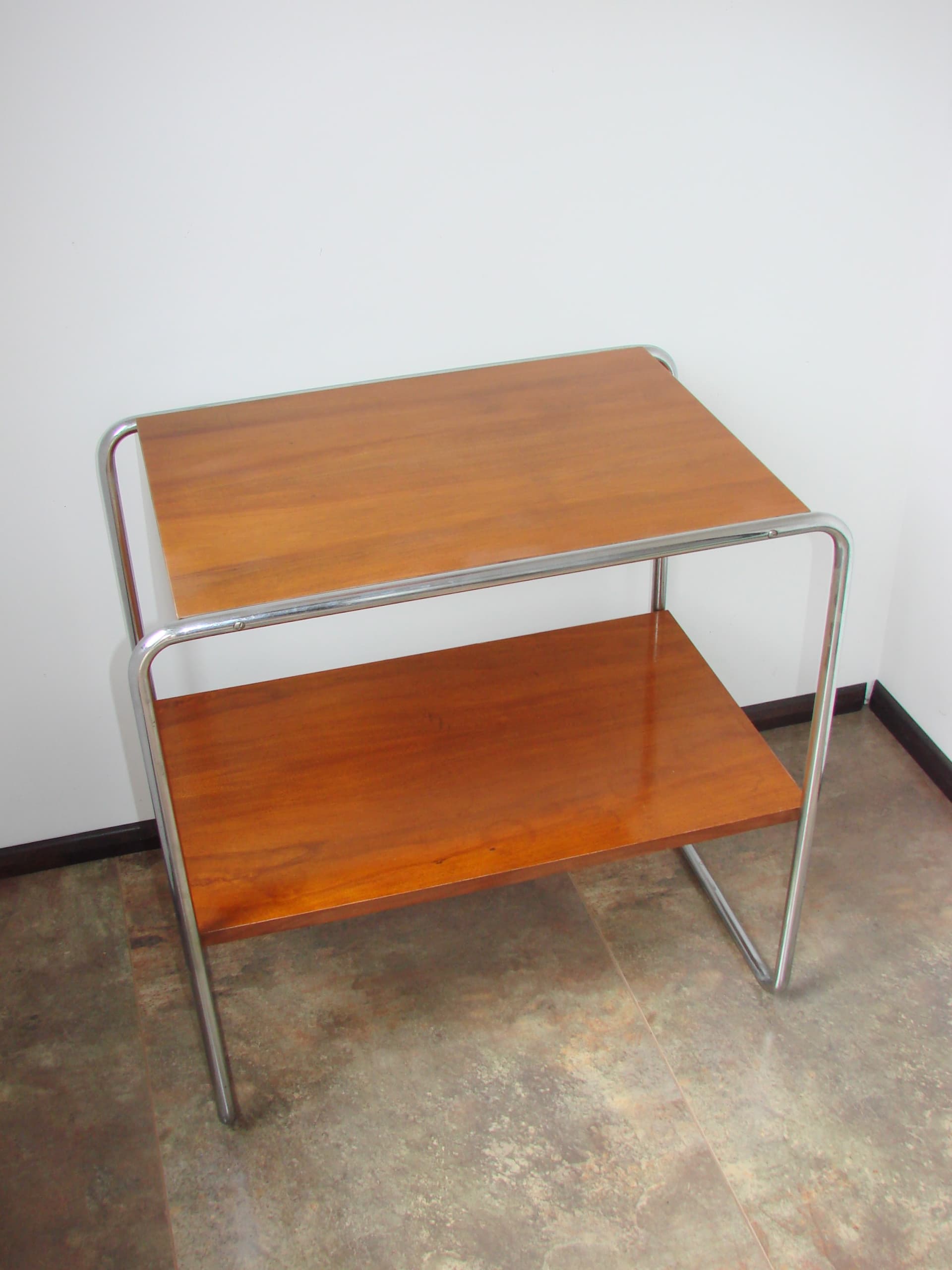 Side table B12, brown wood, silver chromed steel, by M. Breuer, Thonet, Czechoslovakia, 1930s. - 351422