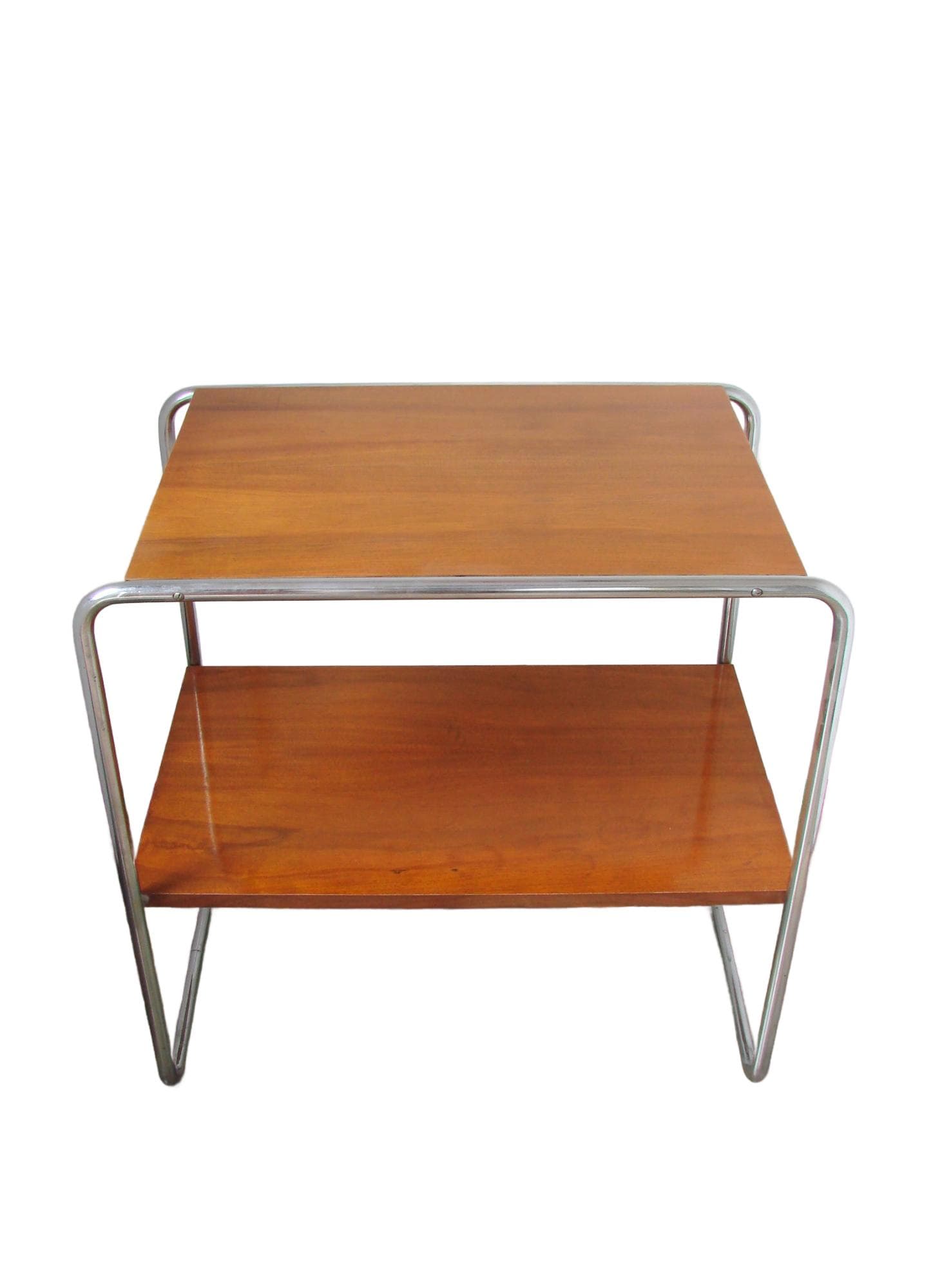 Side table B12, brown wood, silver chromed steel, by M. Breuer, Thonet, Czechoslovakia, 1930s.