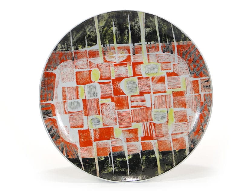 Decorative platter, orange-red porcelain, Zakład Porcelany Stołowej Krzysztof, Poland, 1950s