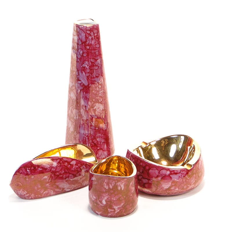 Table Set Wawel New Look, pink white, gold-plated porcelain, Wałbrzych Porcelain Factory, Poland, 1950s