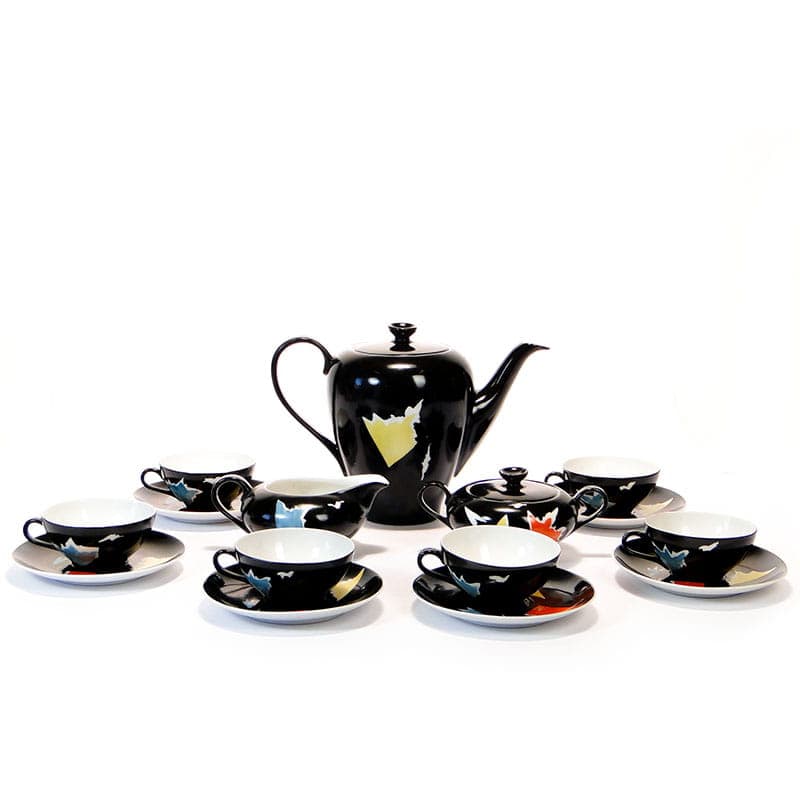 Coffee set Julita, black porcelain, by E. Ruszczyński, Wawel Porcelain Factory, Poland, 1950s. - 351522