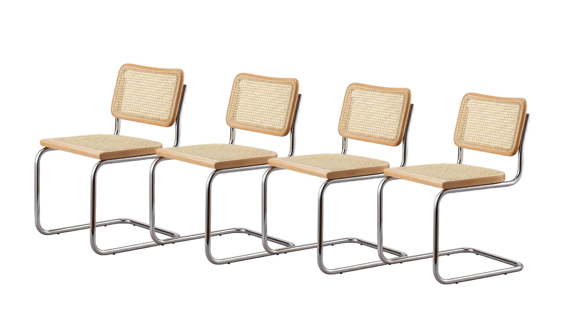 Zestaw 4 krzeseł z giętej stali premium wg proj. Cesca, M. Breuer, Bauhaus, naturalny buk