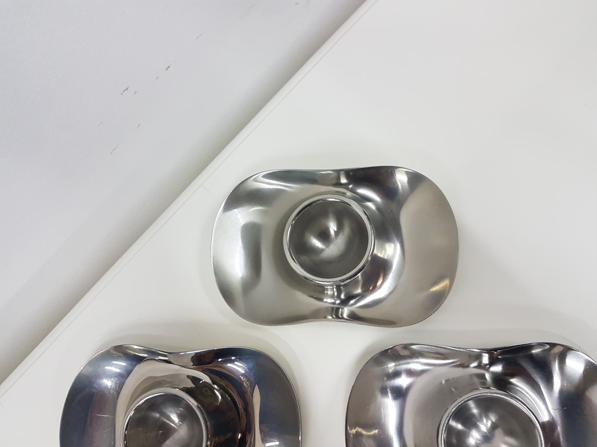 Set of six egg holders, silver stainless steel, by W. Wagenfeld, WMF, Germany, 1960s. - 351986